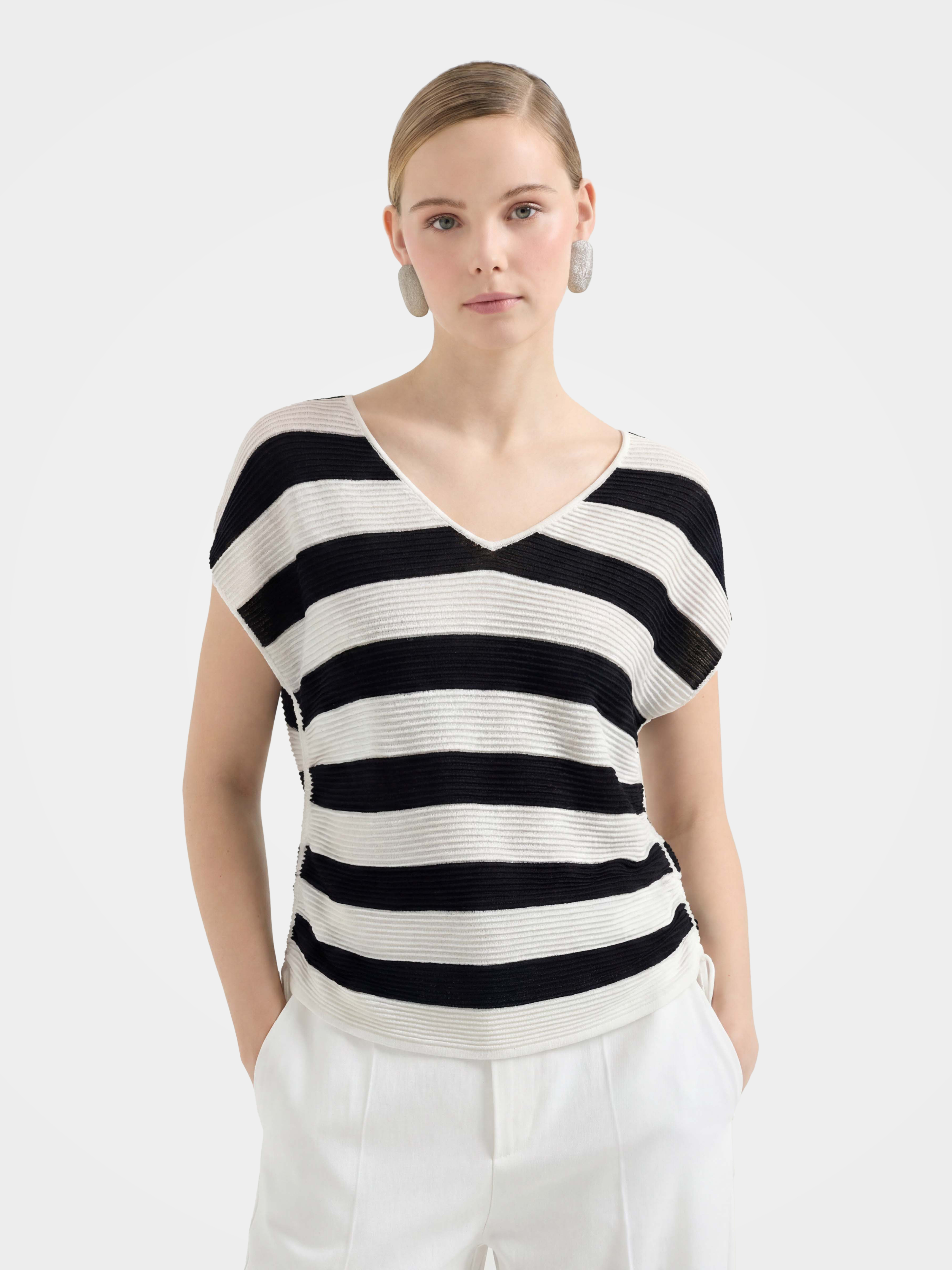 Drapey Tencel Blend Relaxed Stripe Cap Sleeve Knit Top