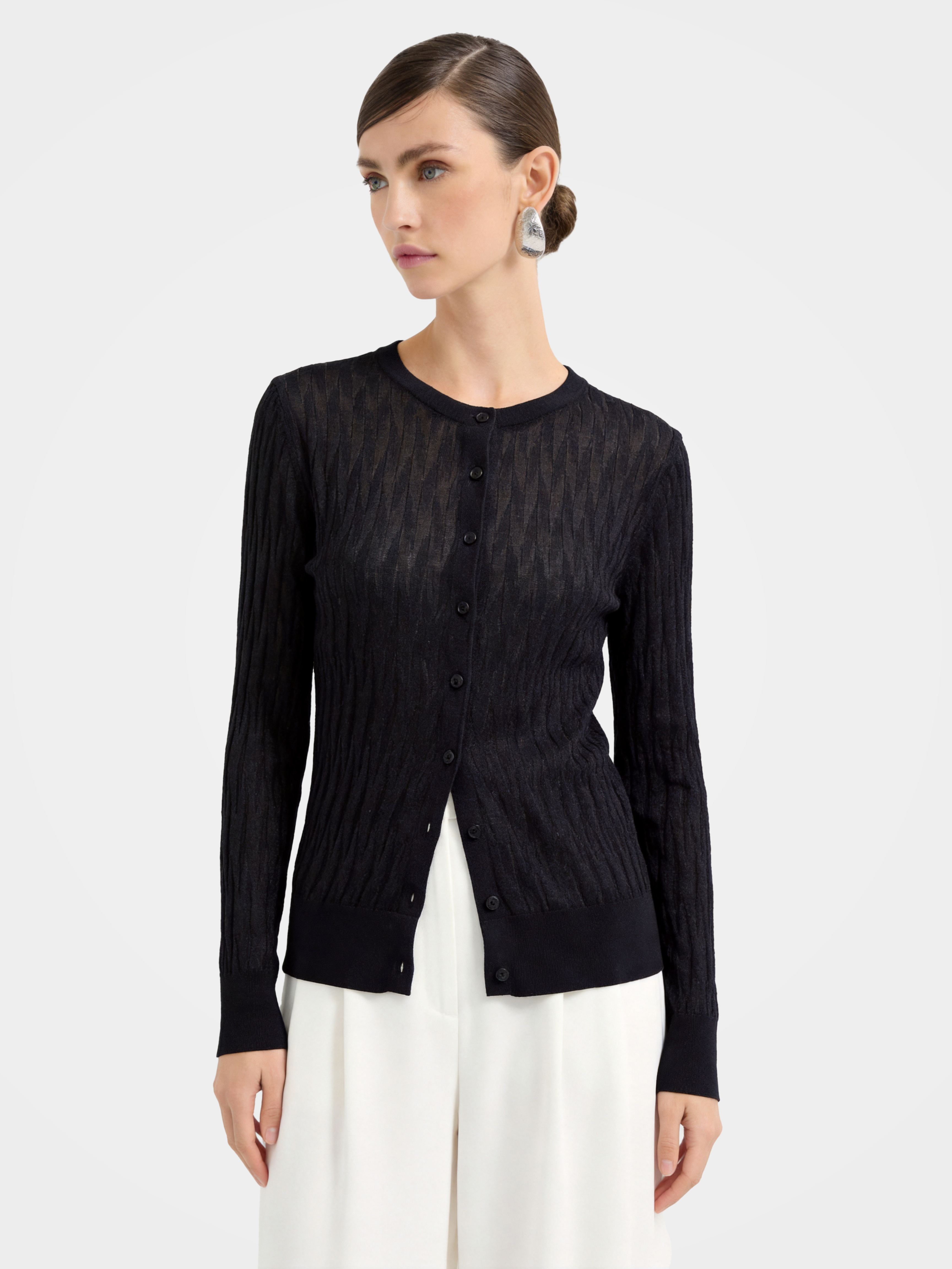 Sheer Tencel Silk Blend Rib Knit Cardigan Top