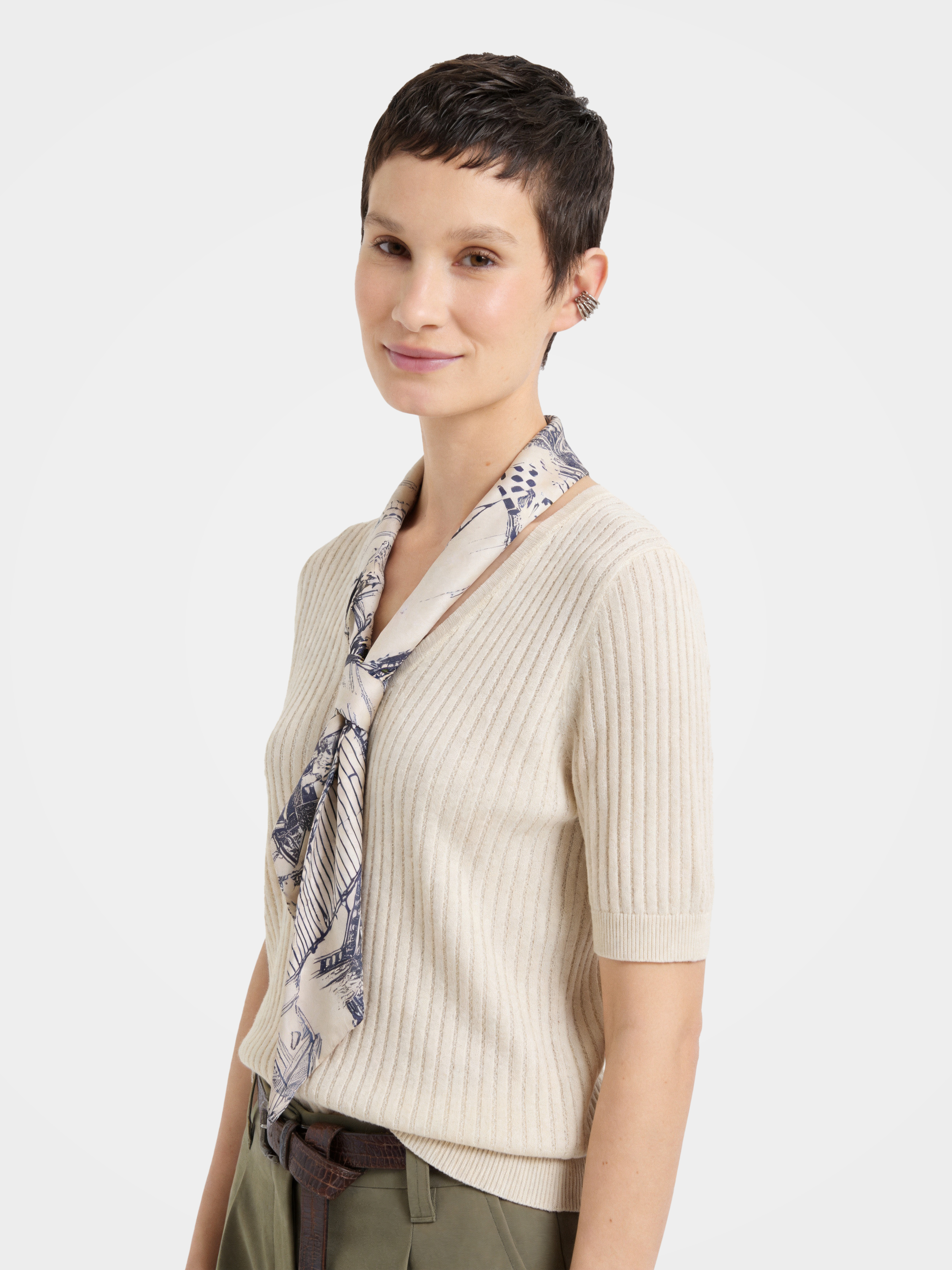 Soft Cotton Ribbed Knit V Neck Top with Silk Scarf