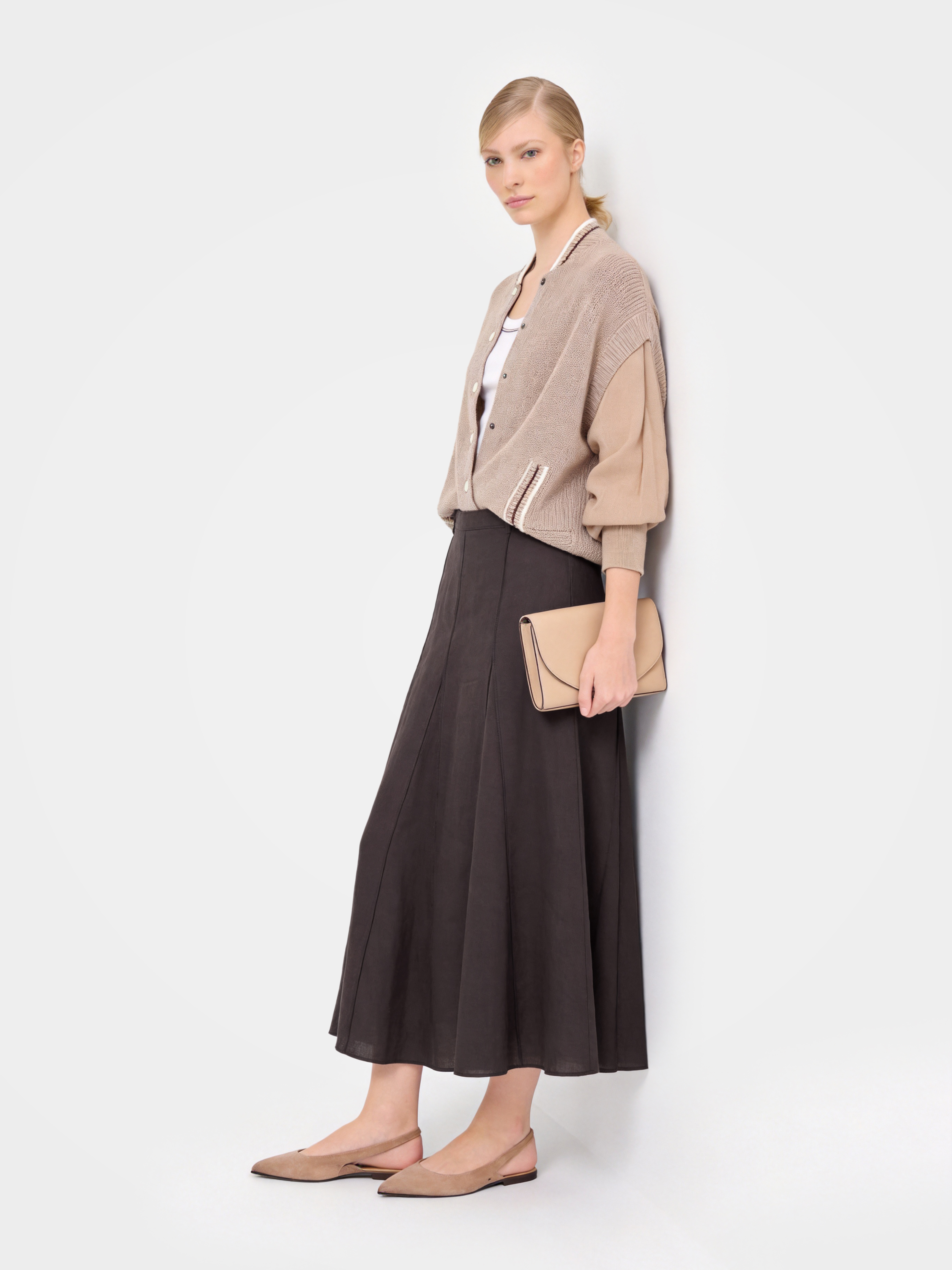 Brown Linen Classic Midi Skirt