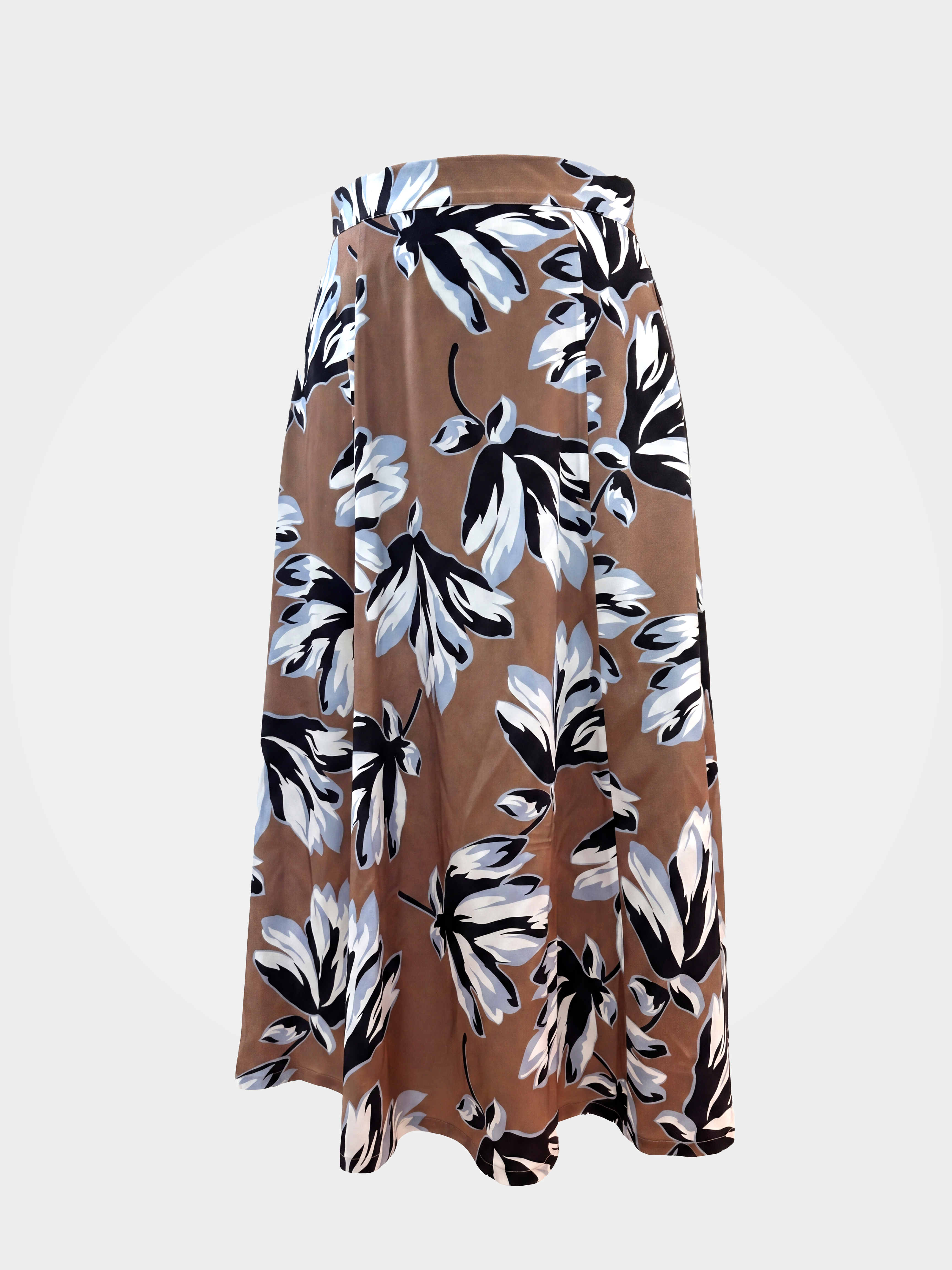 Brown Mulberry Silk Floral Printed Midi Skirt