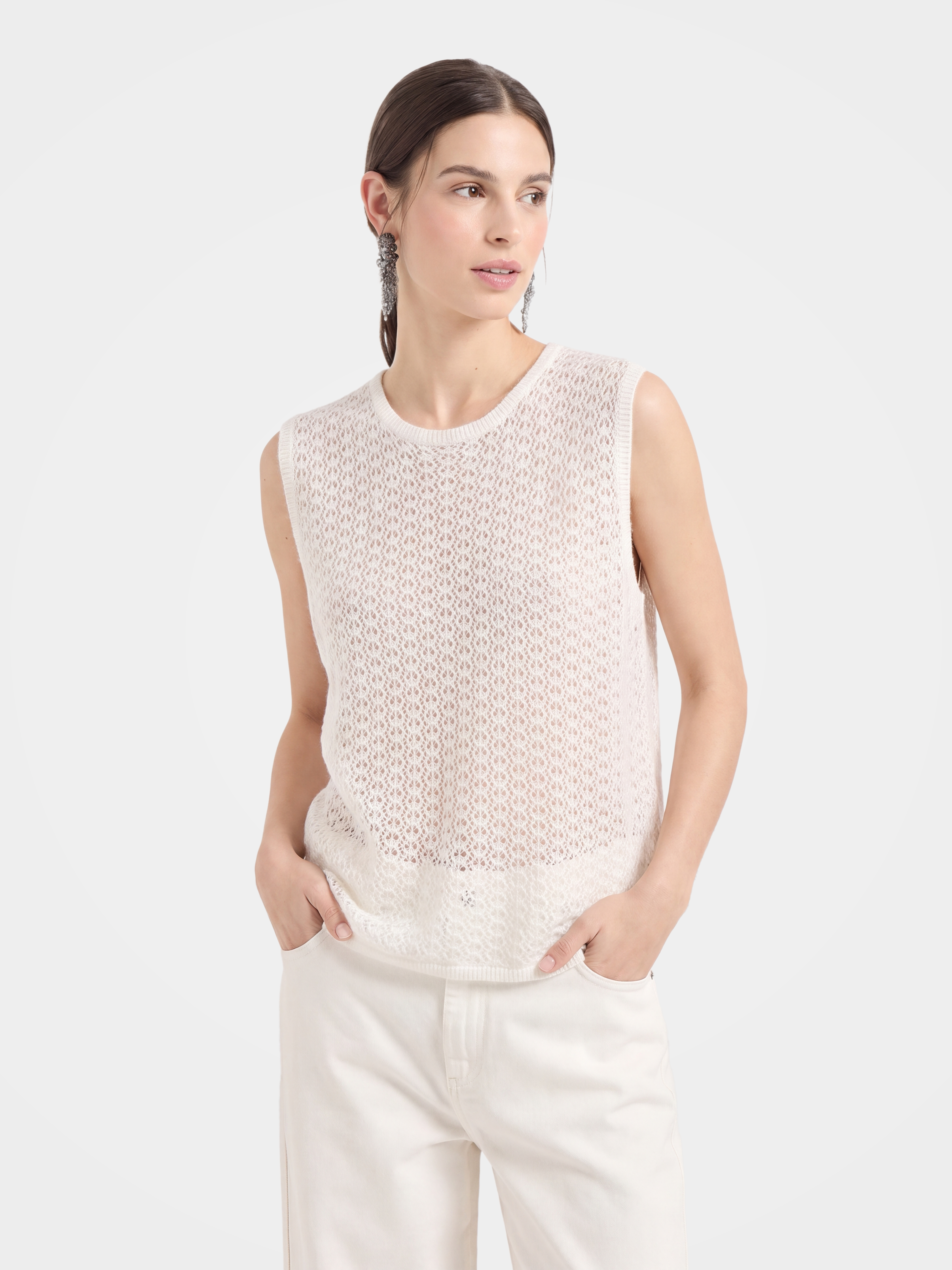 Textured Mongolian Cashmere 3D Floral Knit Vest Sequin Top