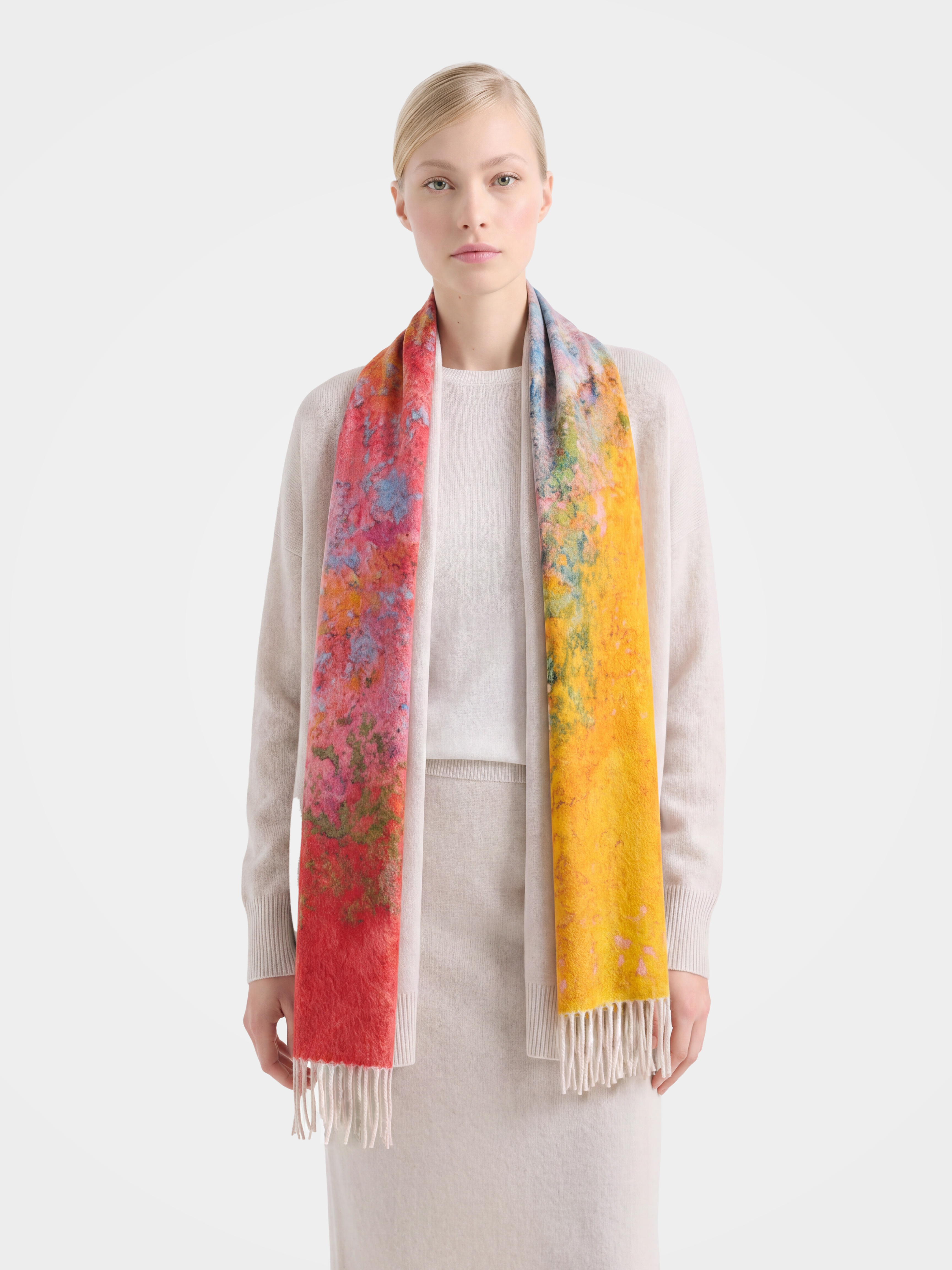 100% Cashmere Abstract Art Print Fringe Long Scarf