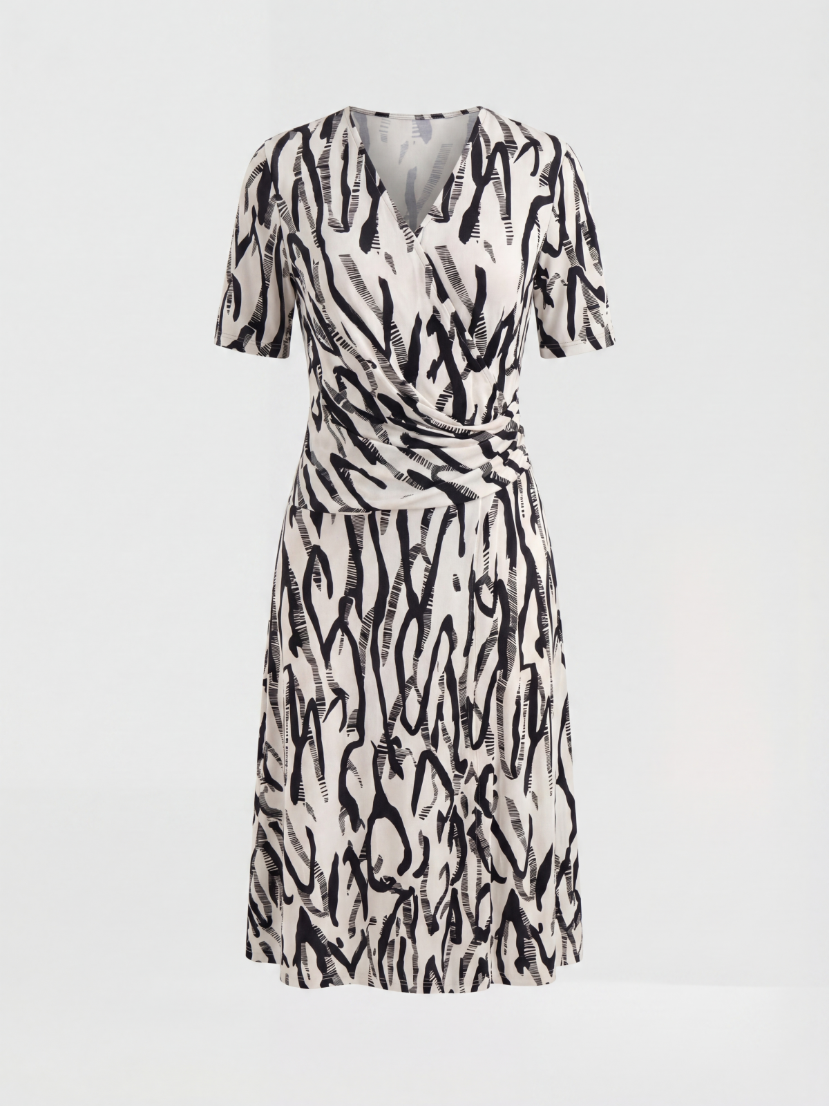 Black Silk Print Knee Length Wrap Dress