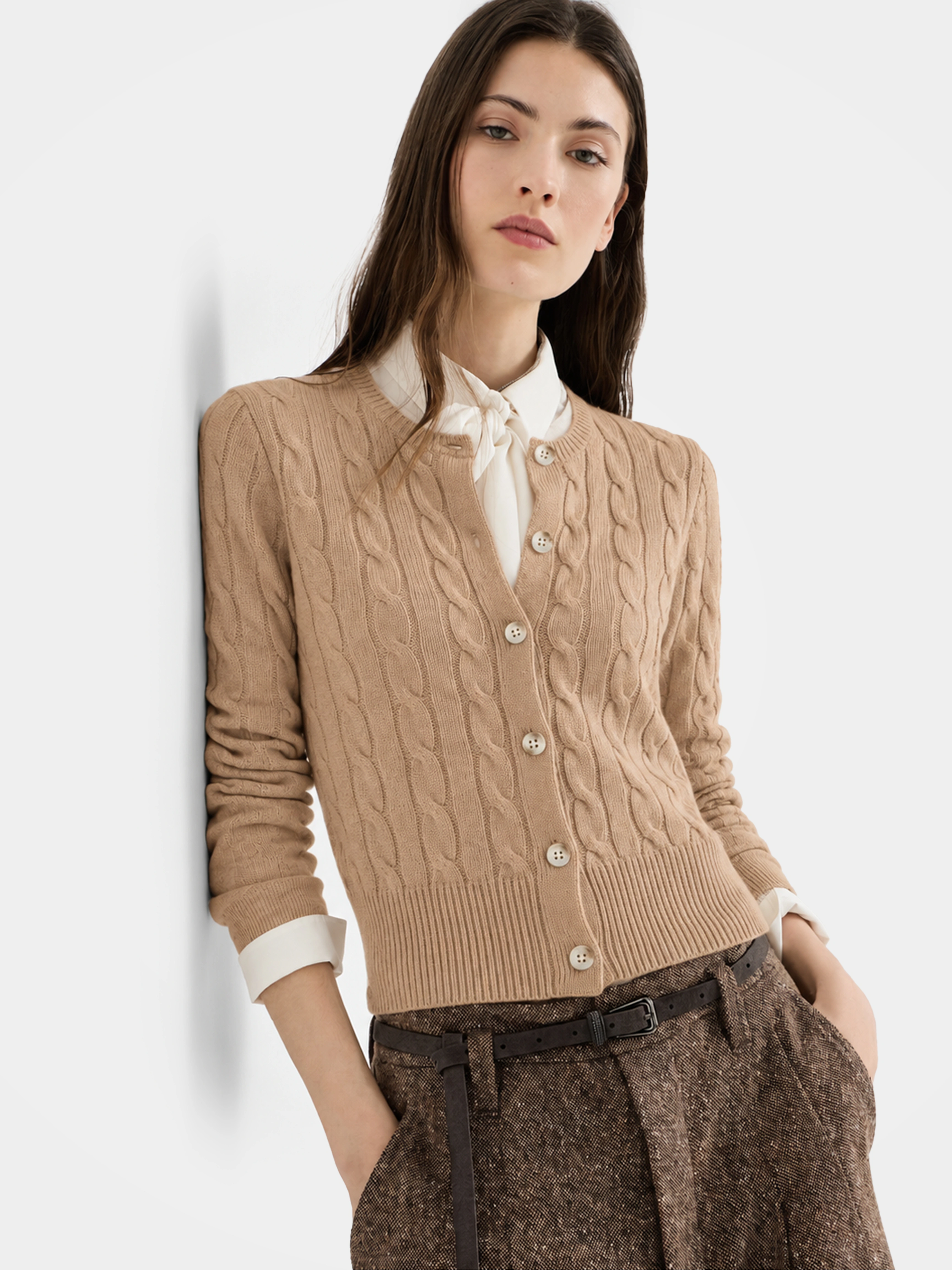 100% Mongolian Cashmere Cable Knit Crew Neck Button Cardigan