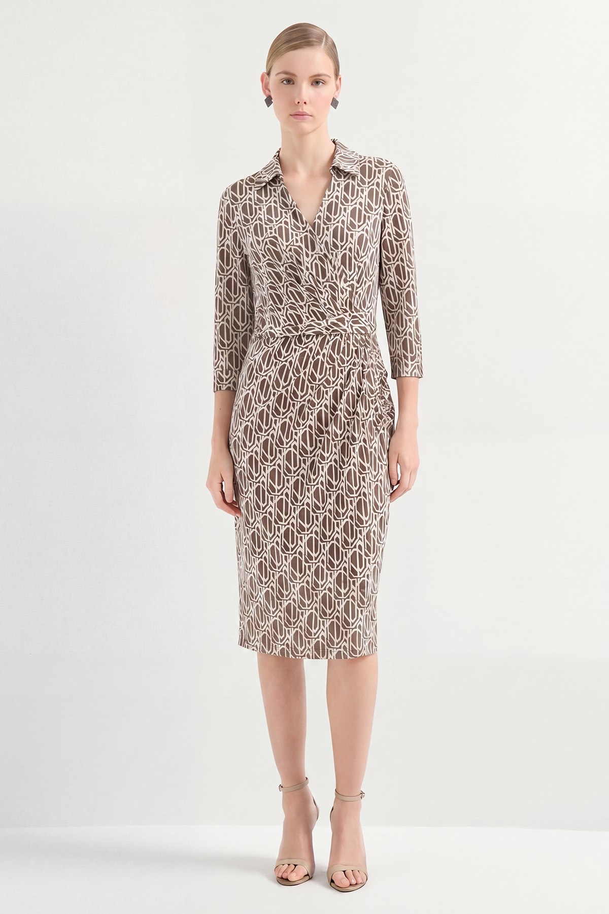 Brown Silk Shirt Print Knee-Length Dress