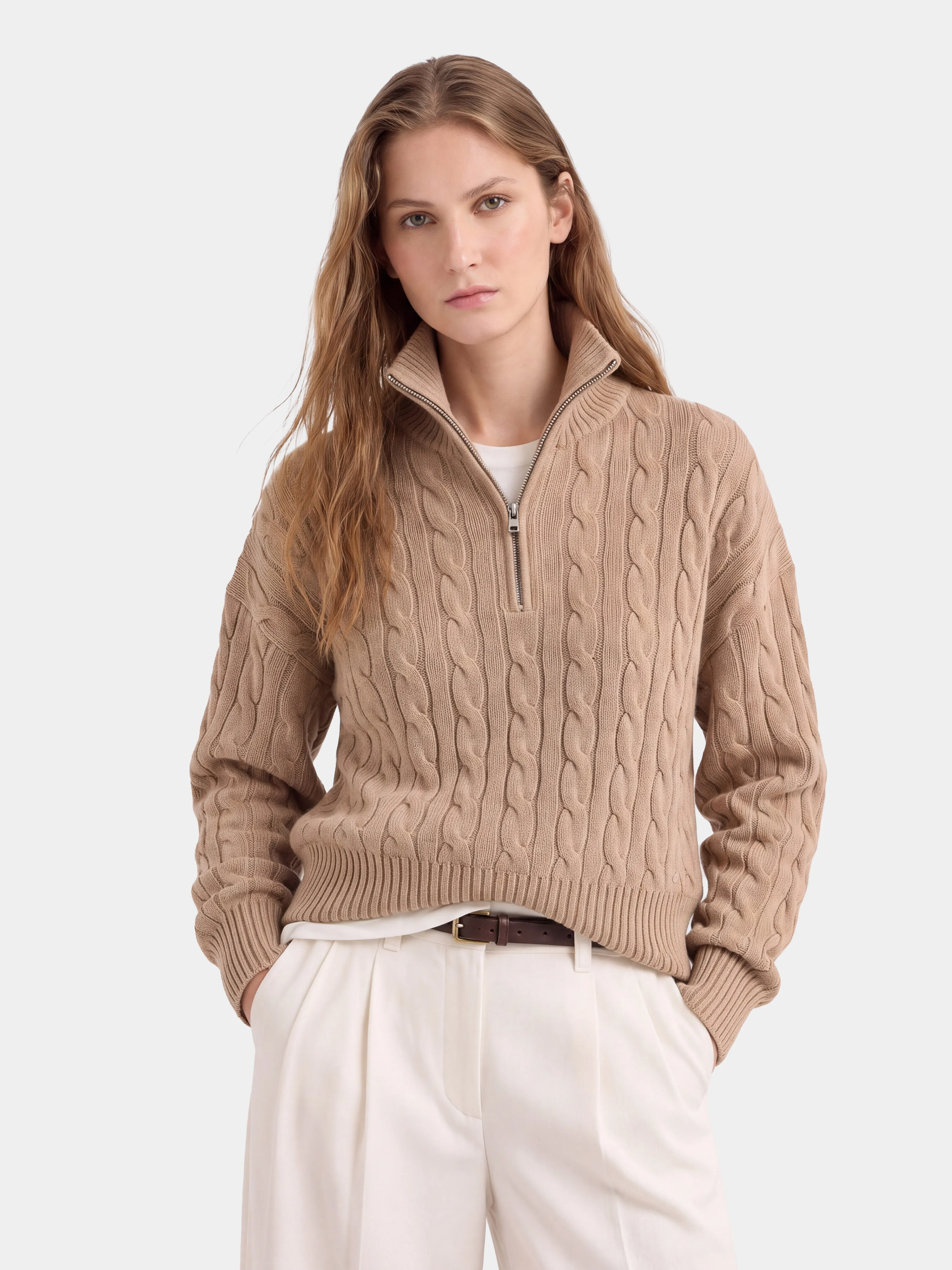 100% Mongolian Cashmere Cable Knit Half-Zip Polo Sweater