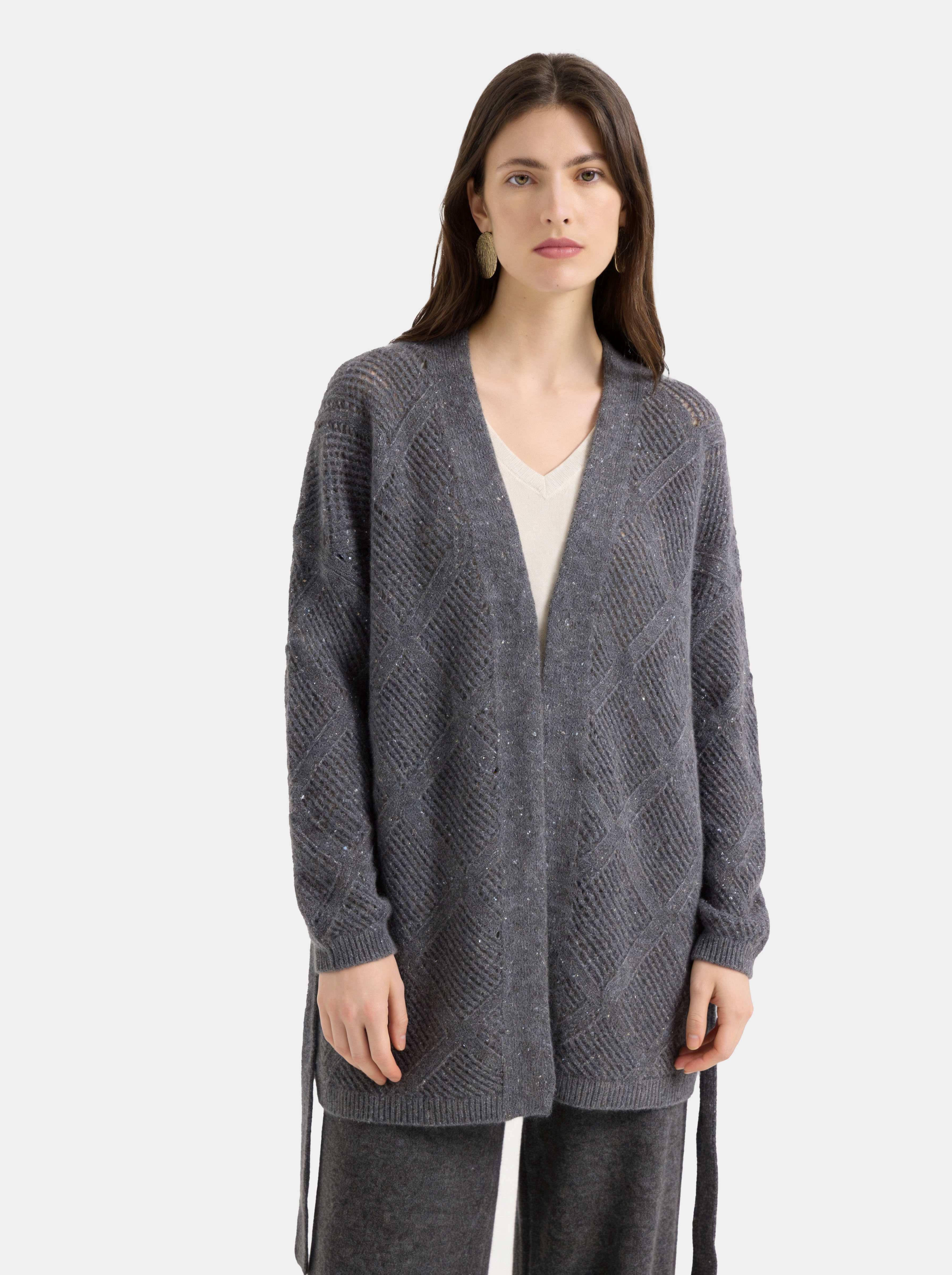 100% Cashmere Textured Open Front Belted Longline Cardigan