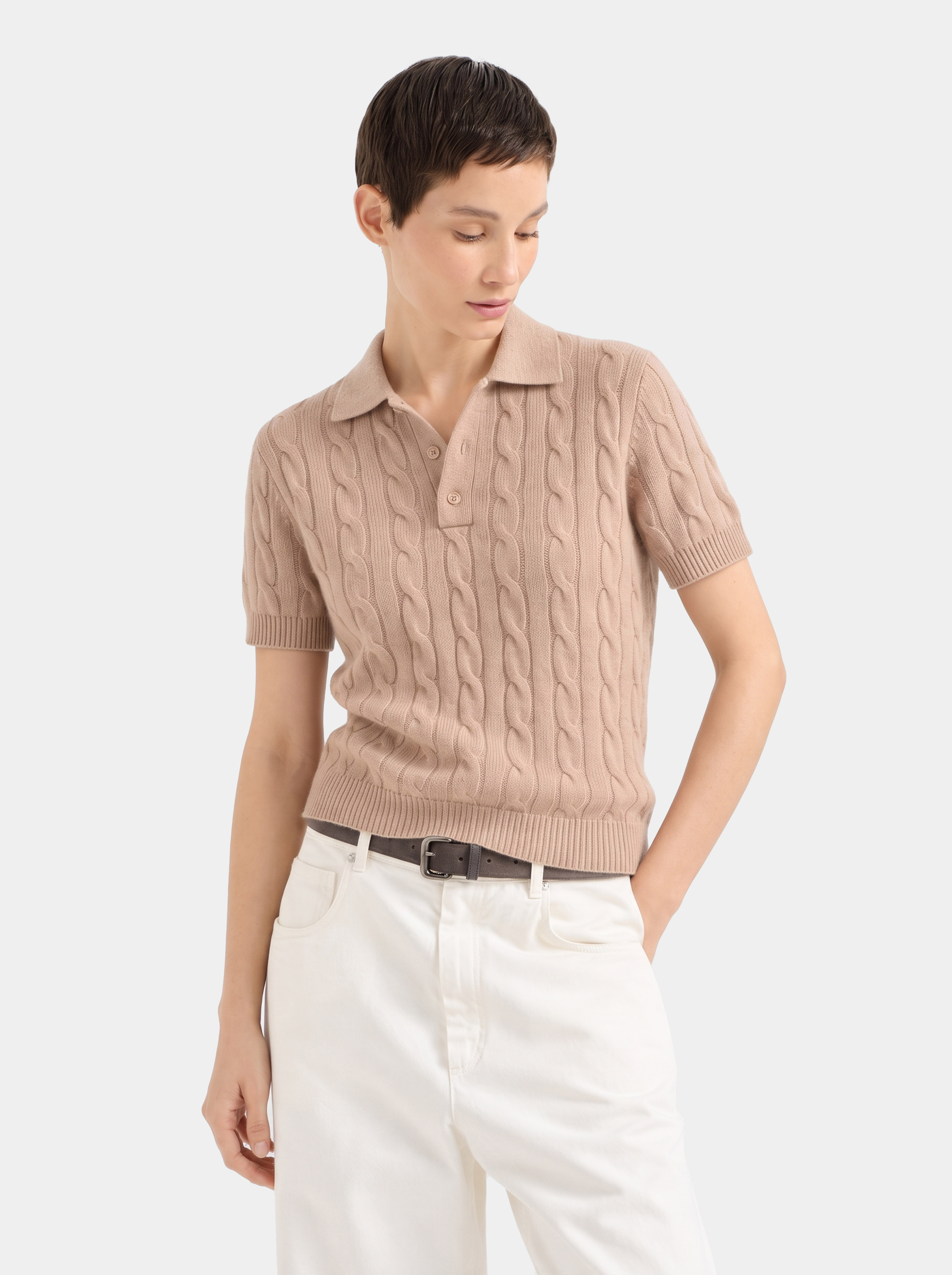 100% Mongolian Cashmere Cable Knit Short Sleeve Polo Sweater