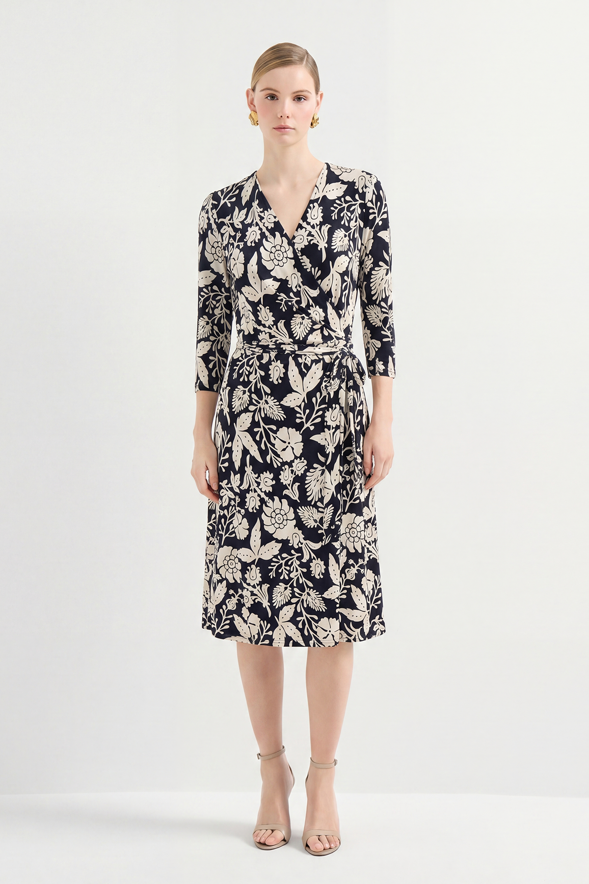 Black Silk Floral Print Knee-Length Wrap Dress