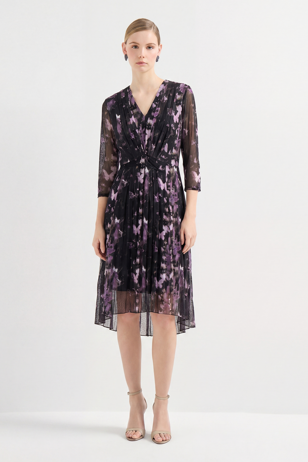 Purple Silk Floral Print Knee-Length Mesh Dress