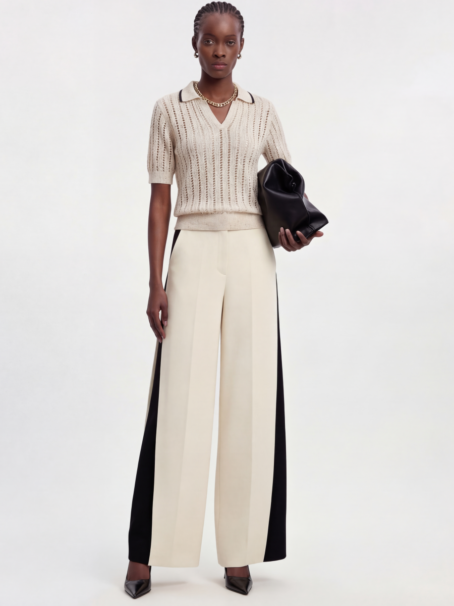 Linen Cotton Short Sleeve Openwork Knit Polo Top