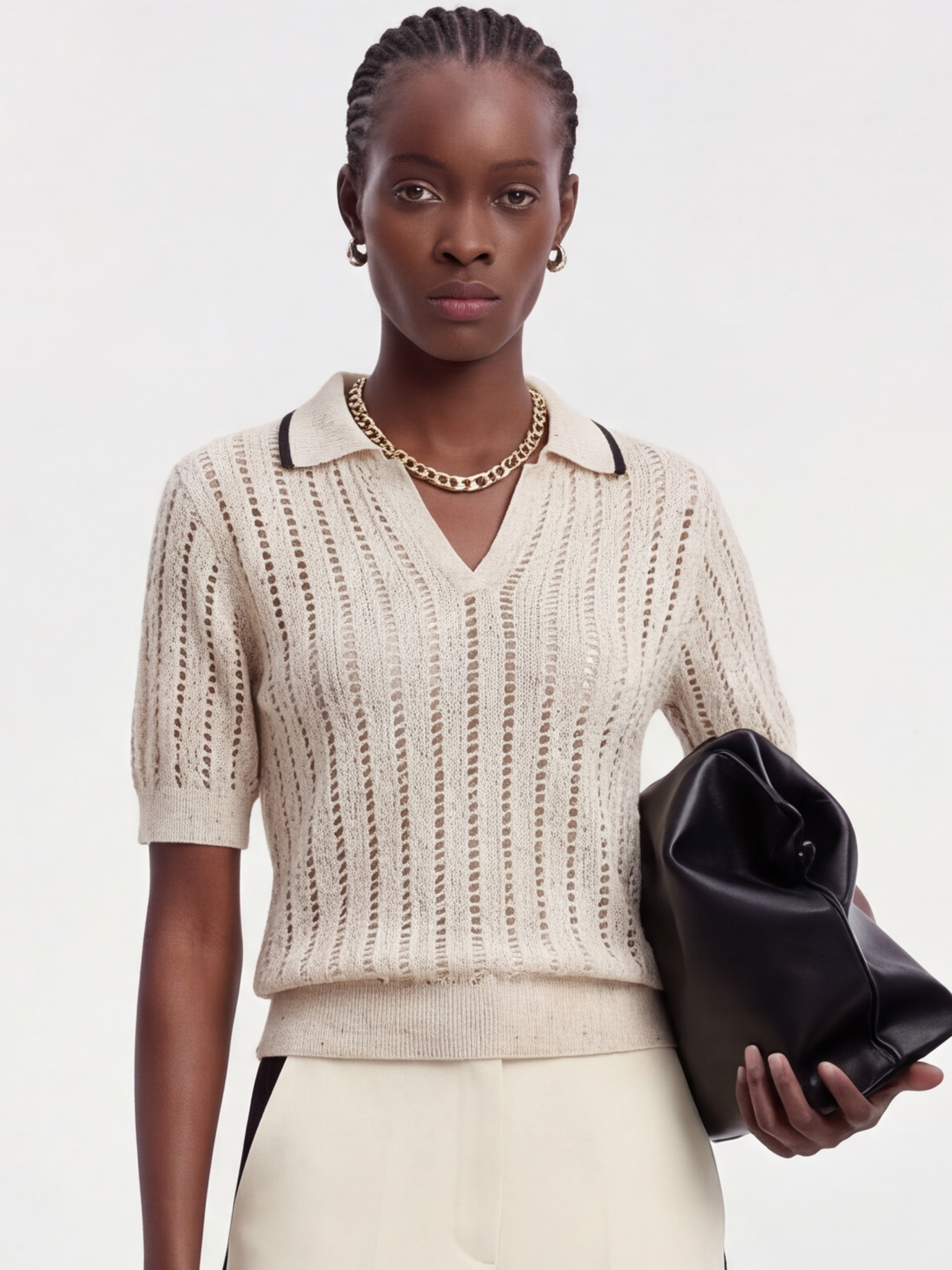 Beige Sequin Hollow Out Knit Sweater