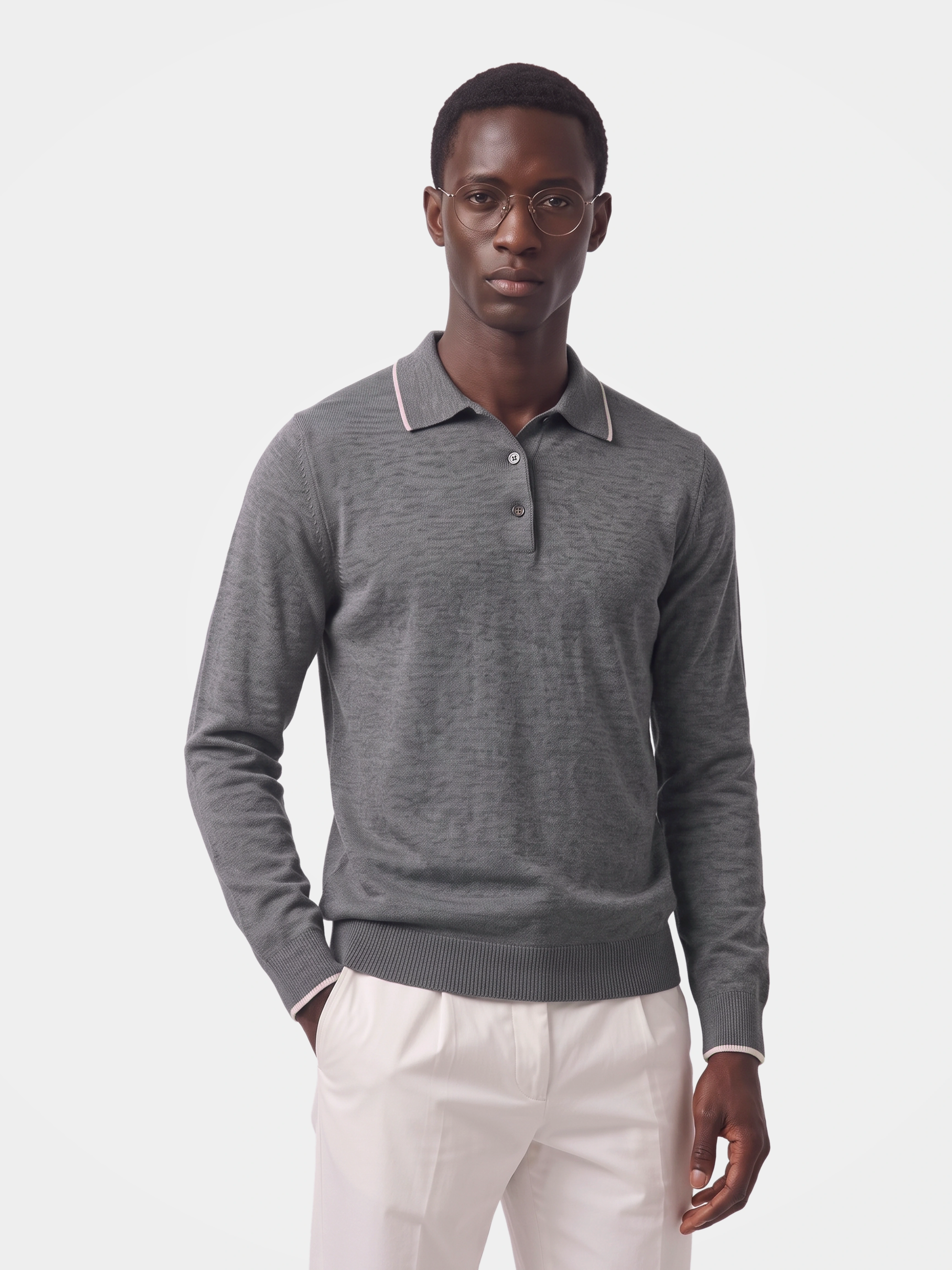 Men's Lightweight 100% Wool Long Sleeve Fine-Knit Polo