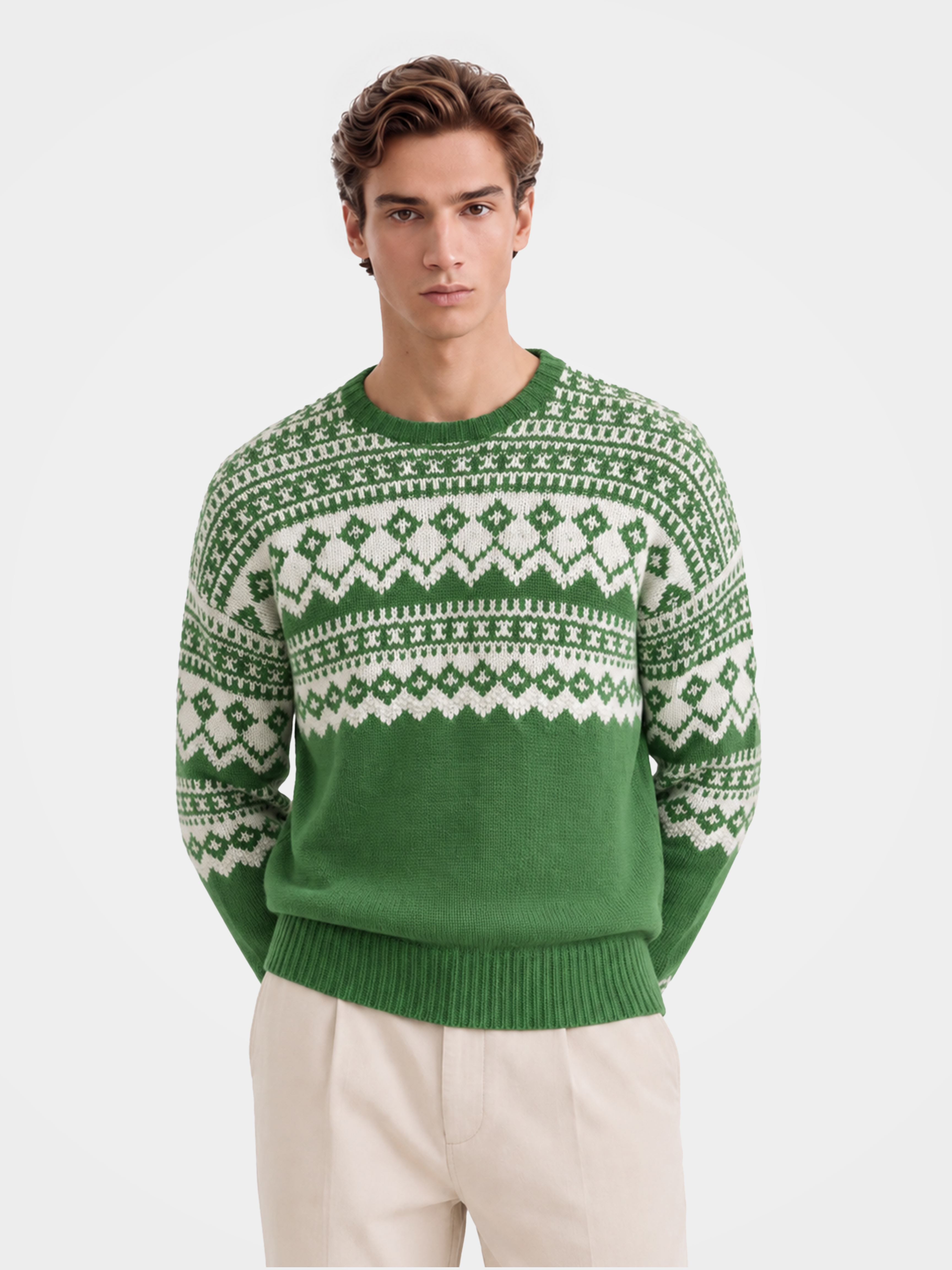 Pre-Order | Men's 100% Cashmere Crew Neck Fair Isle Sweater (10-14 Business Days)