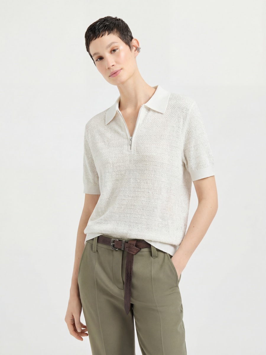 Silk Short Sleeve Zip up Knit Polo Top