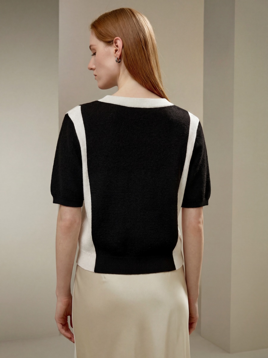 Wool Silk Short Sleeve Colorblock Knit Top