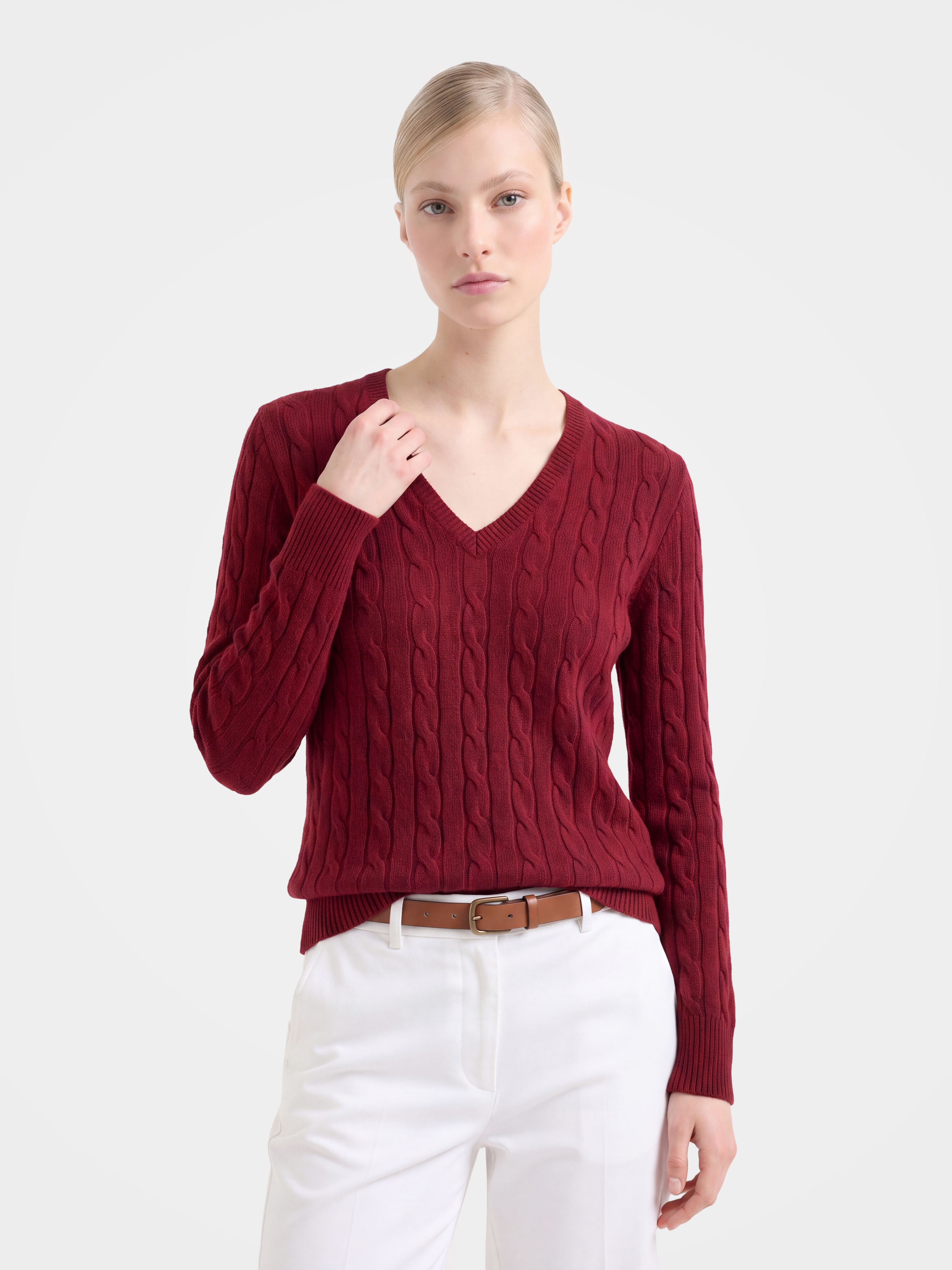 100% Mongolian Cashmere Classic Cable Knit V-Neck Sweater