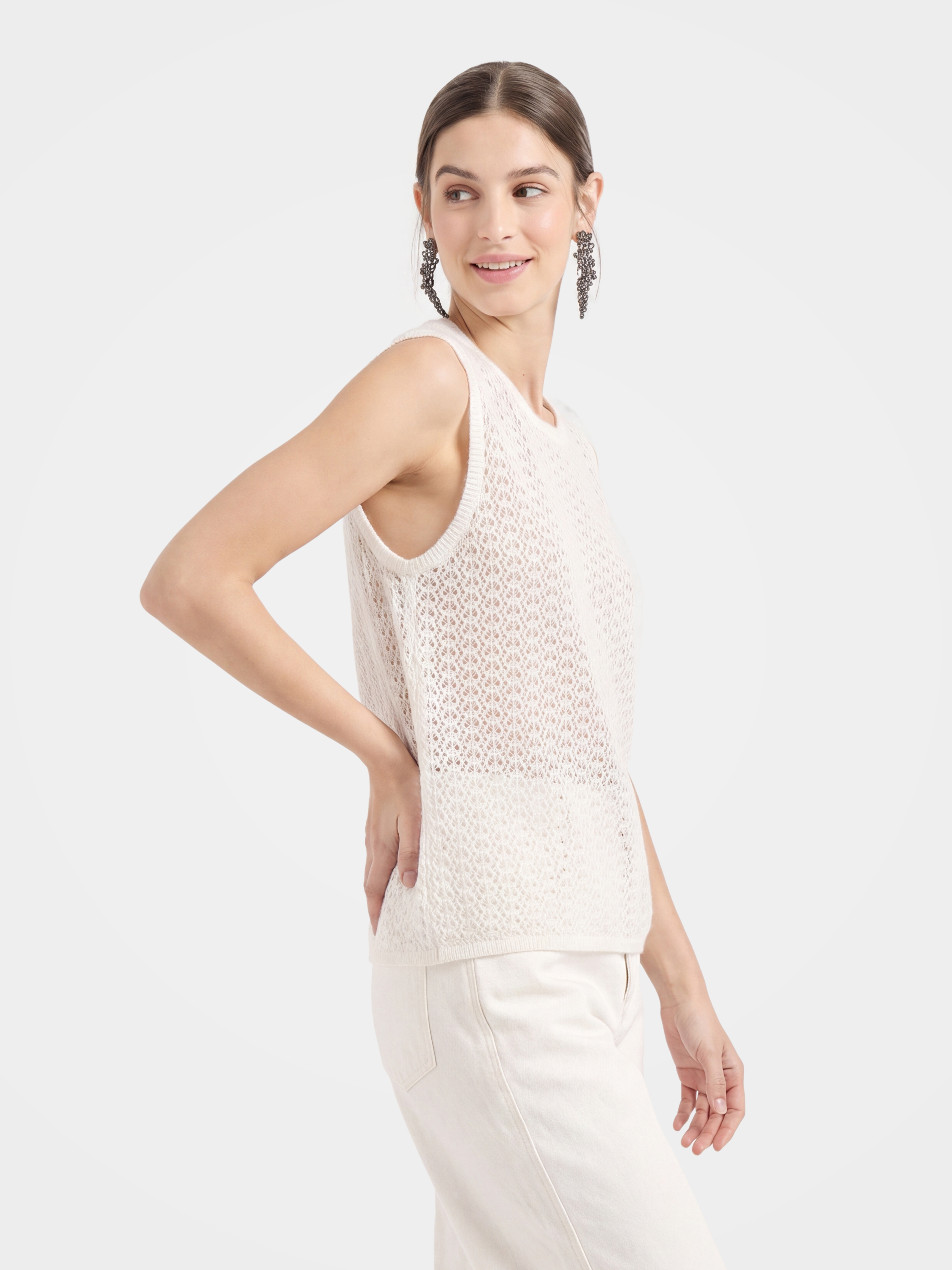 Textured Mongolian Cashmere 3D Floral Knit Vest Sequin Top
