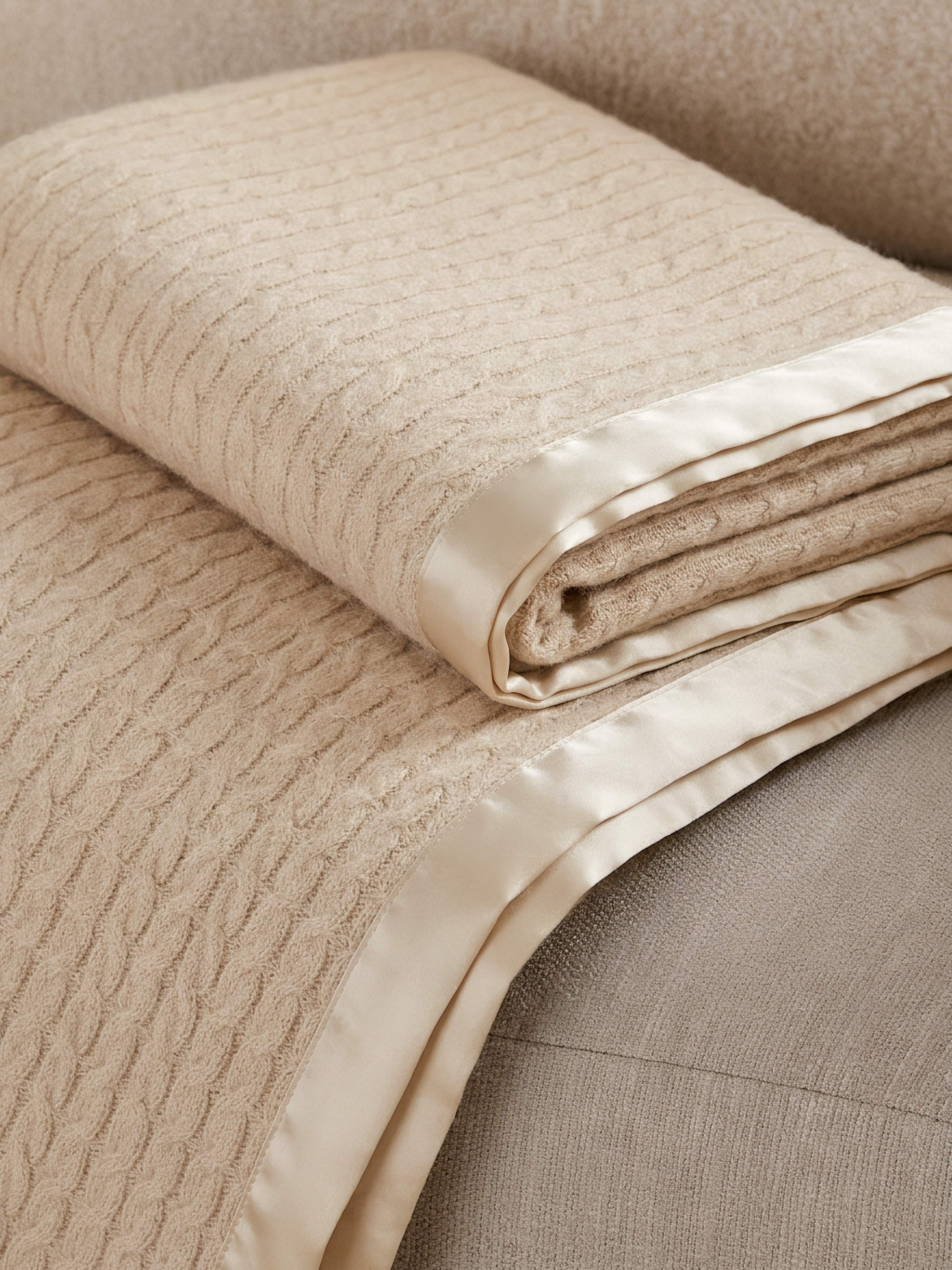 100% Cashmere Cable Knit Blanket with Satin Border