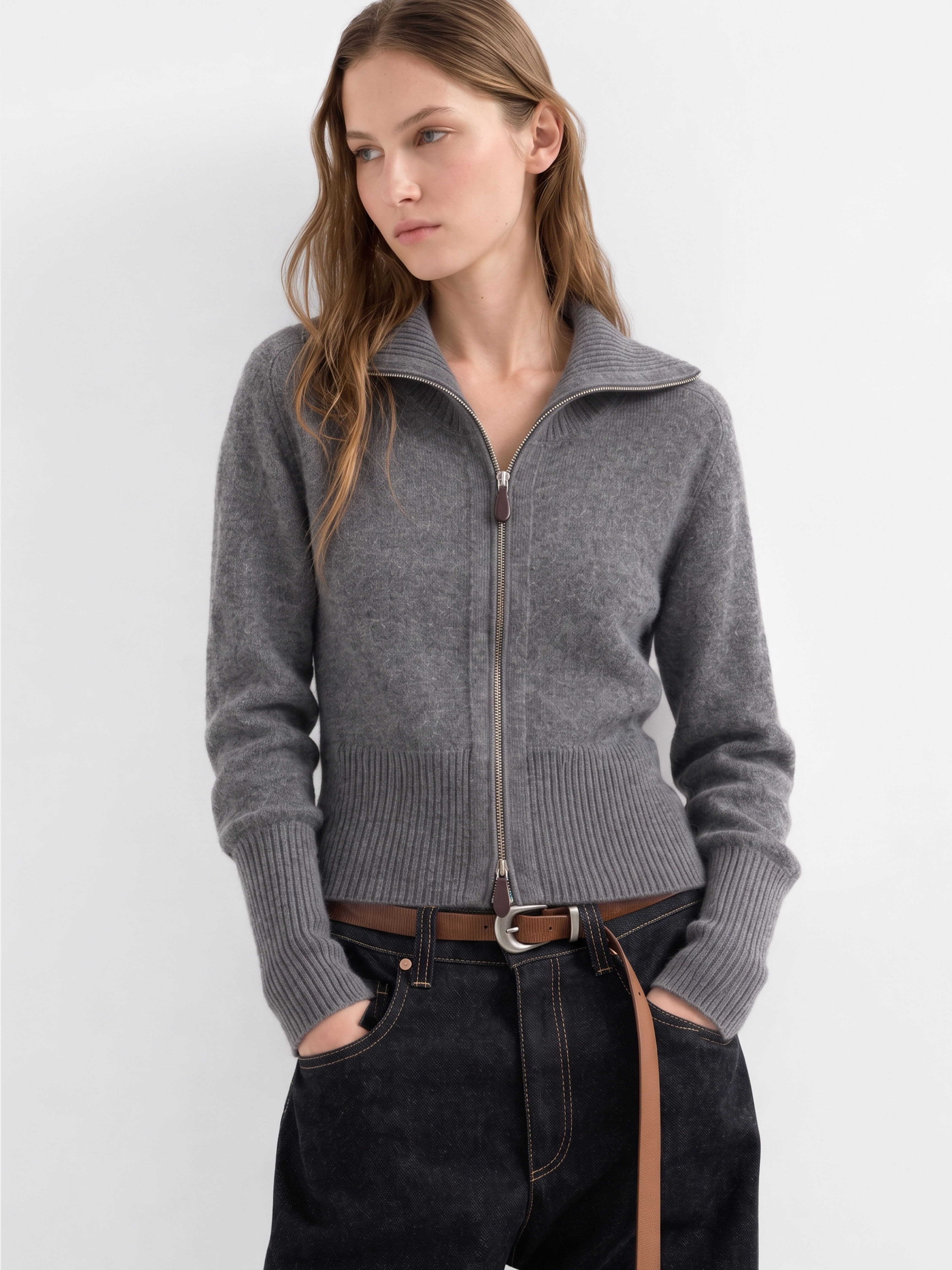 Women's 100% Cashmere Funnel Neck Zip-Up Cardigan - Long Sleeve Ribbed Knit Sweater