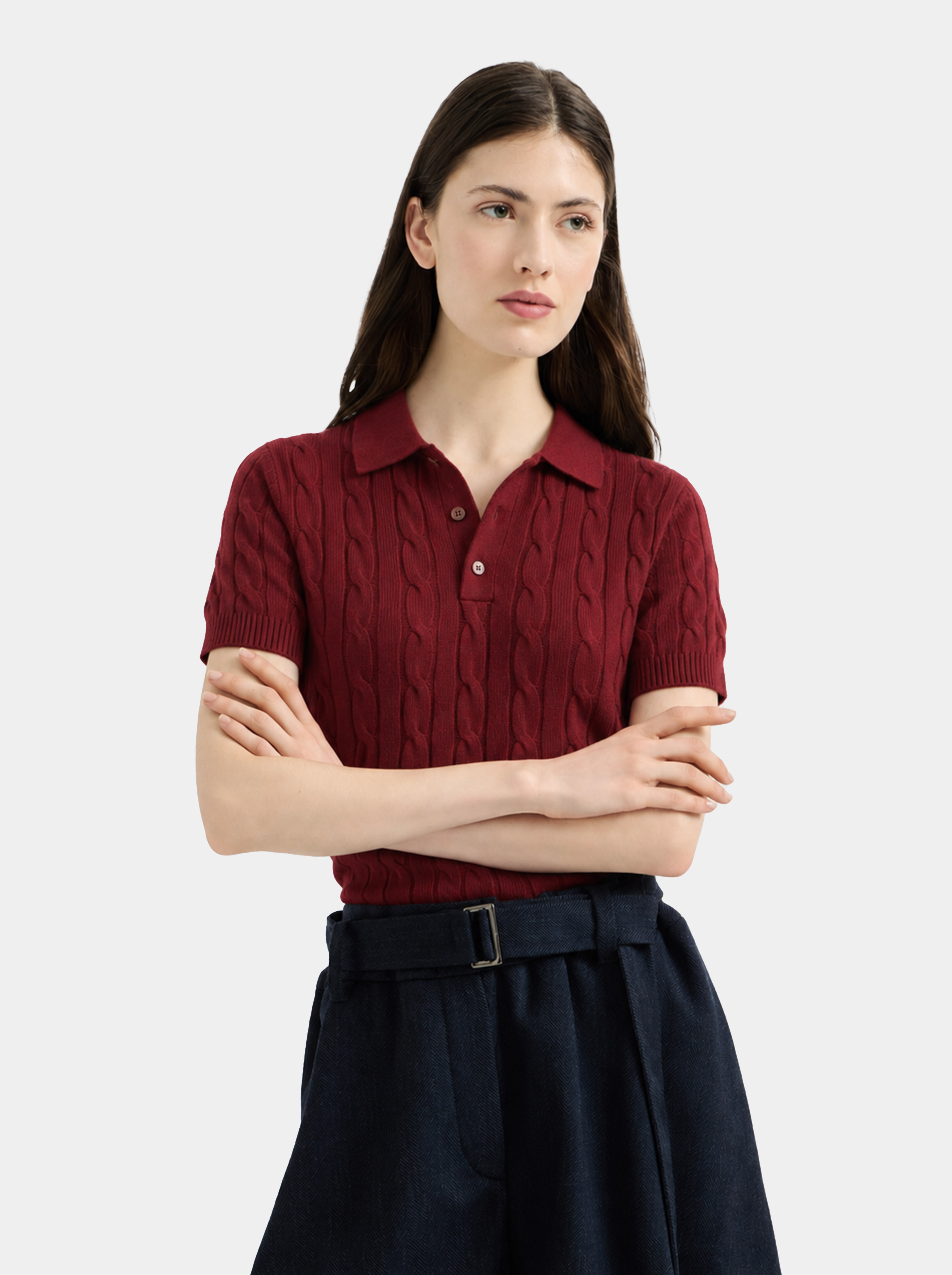 100% Mongolian Cashmere Cable Knit Short Sleeve Polo Sweater