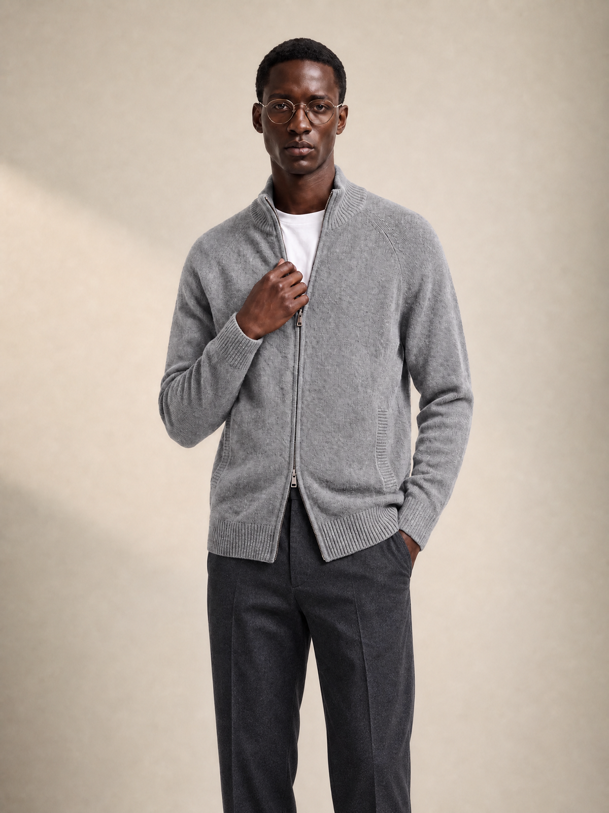 Men's 100% Cashmere Mock Neck Zip Knit Cardigan