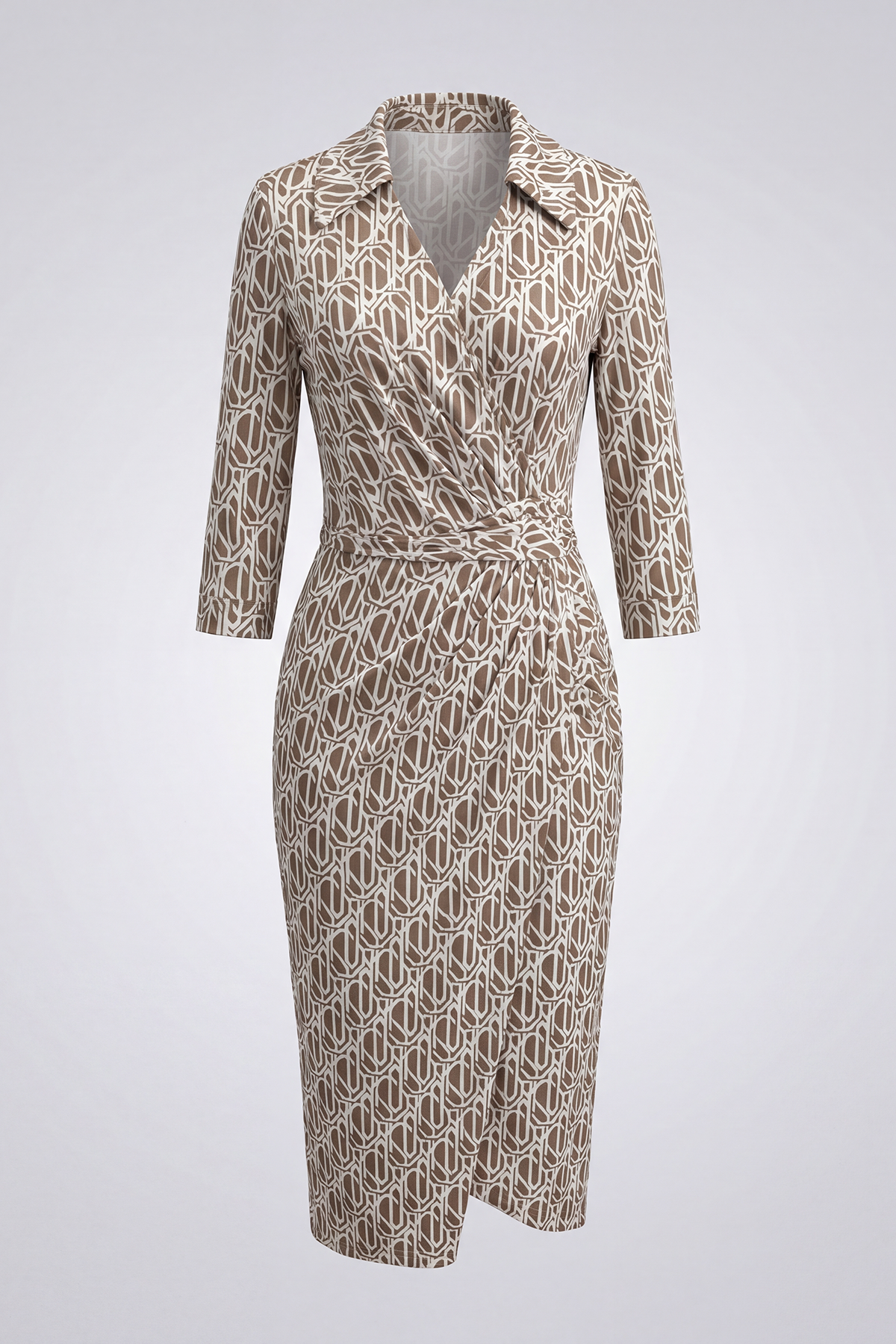Brown Silk Shirt Print Knee-Length Dress