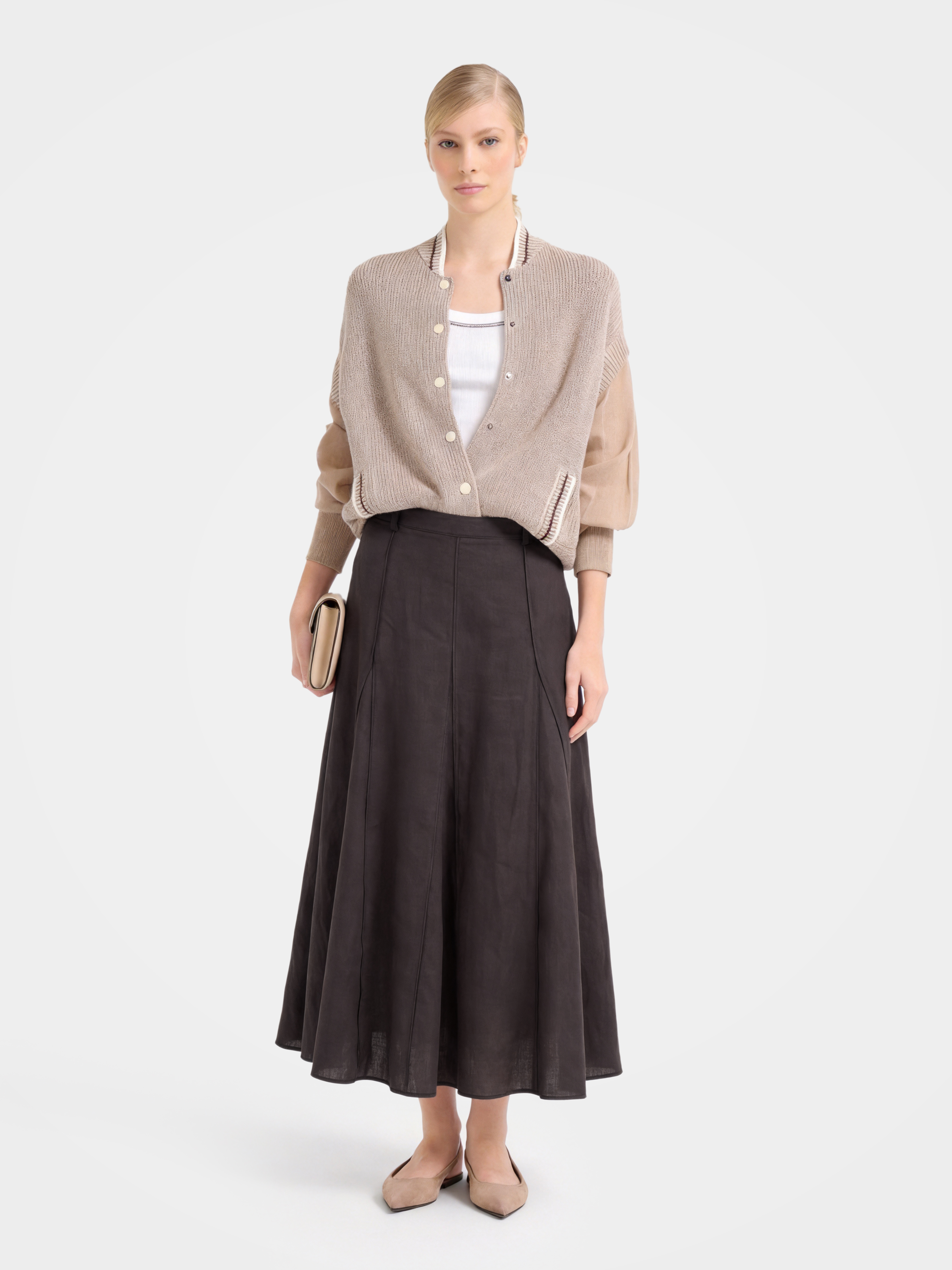 Brown Linen Classic Midi Skirt