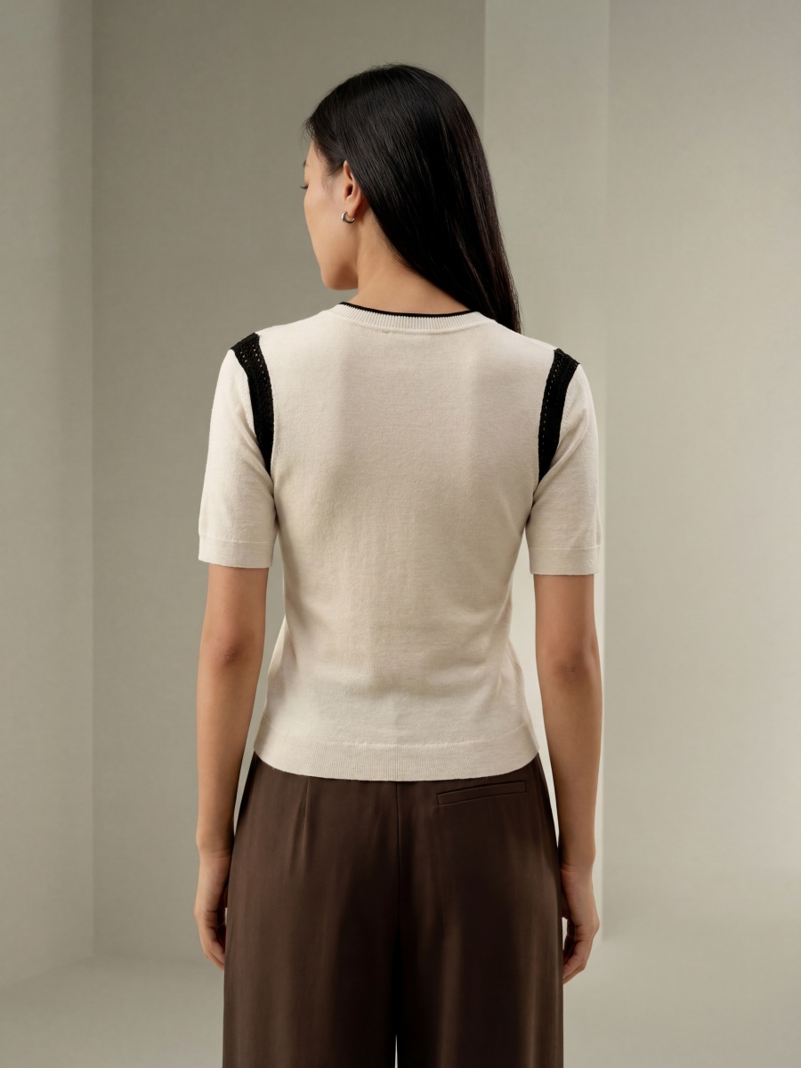 Wool Silk Short Sleeve Colorblock Knit Top