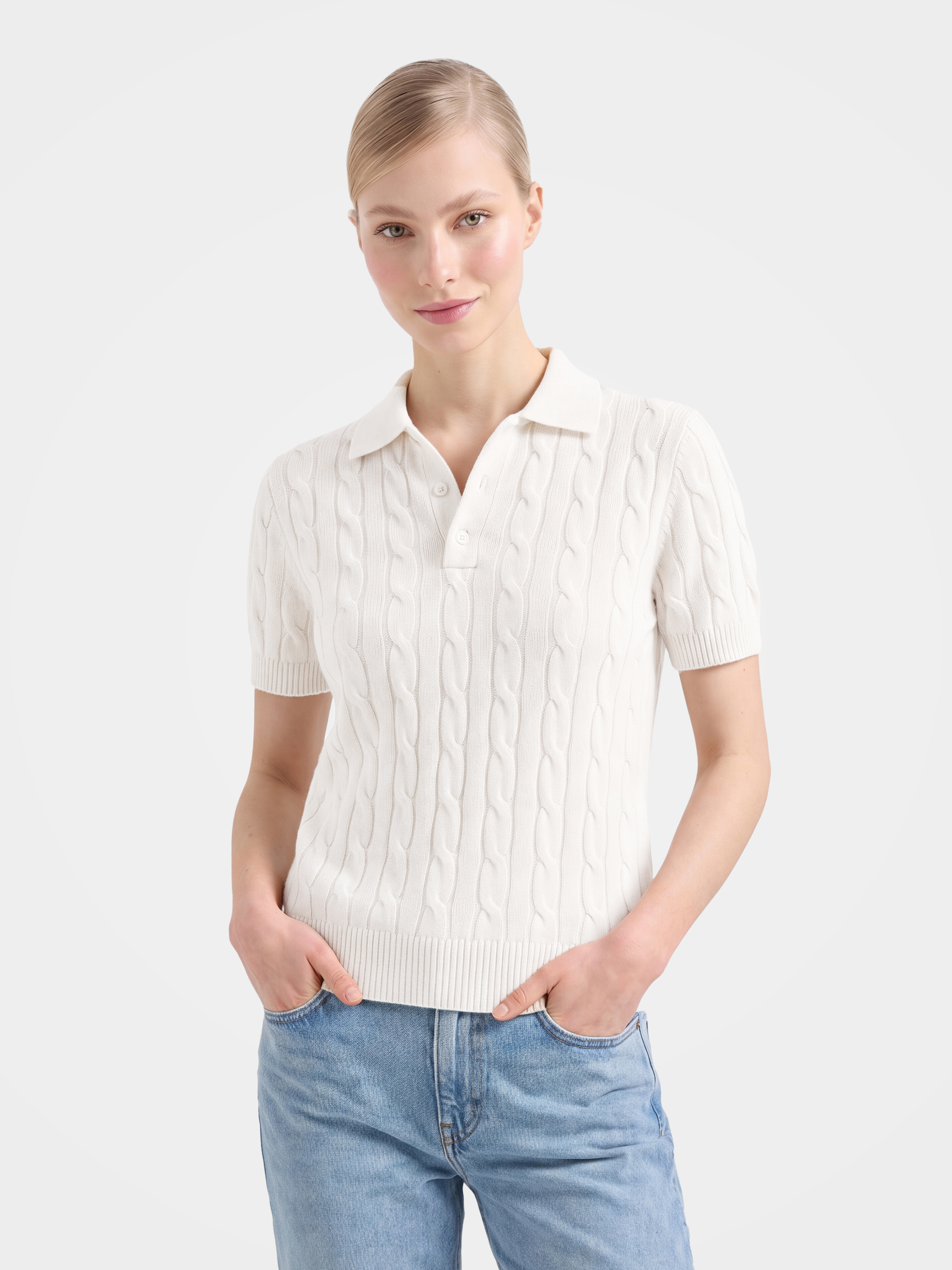 100% Mongolian Cashmere Cable Knit Short Sleeve Polo Sweater