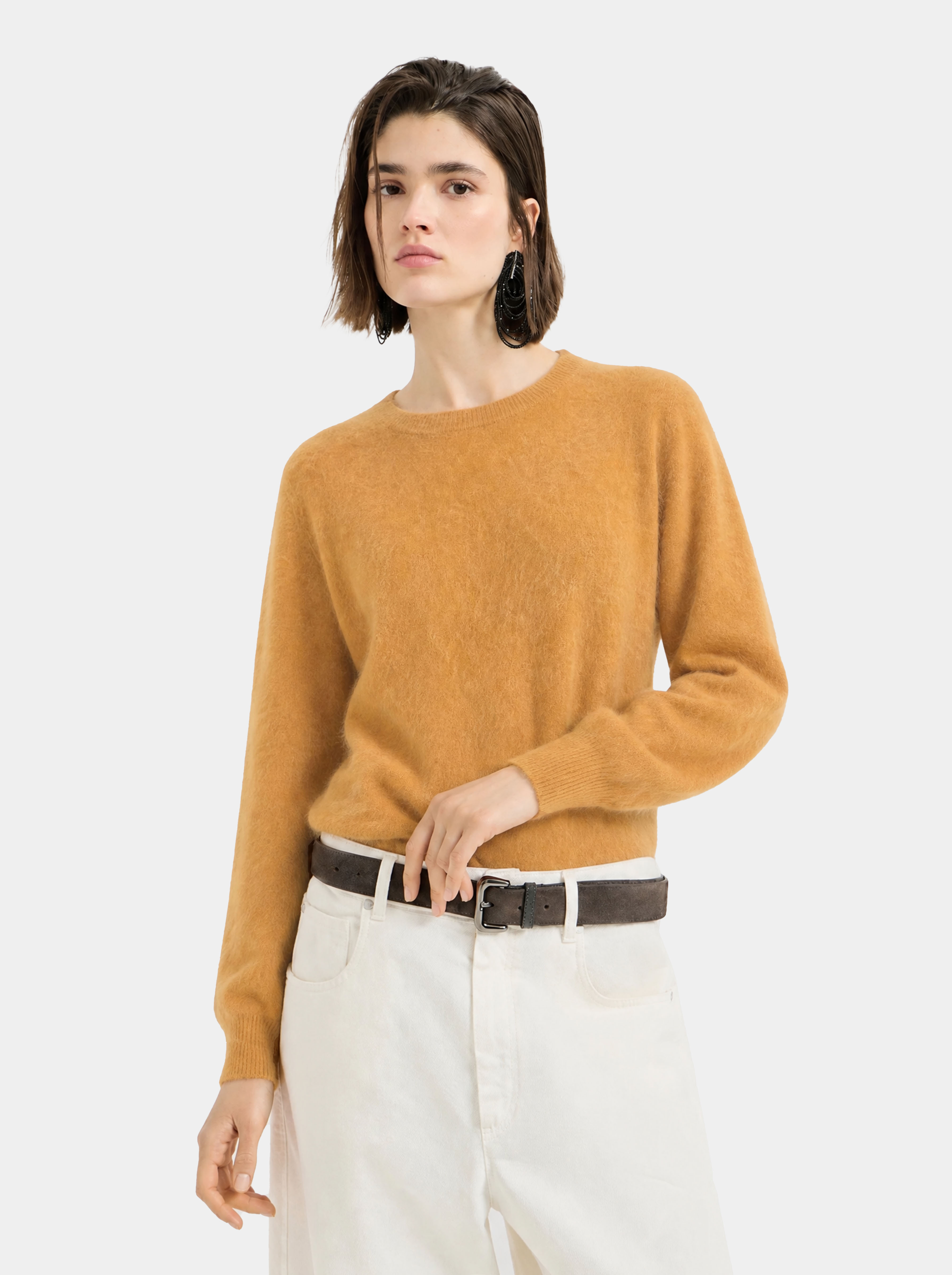 Wool Blend Brushed Crew Neck Long Sleeve Sweater
