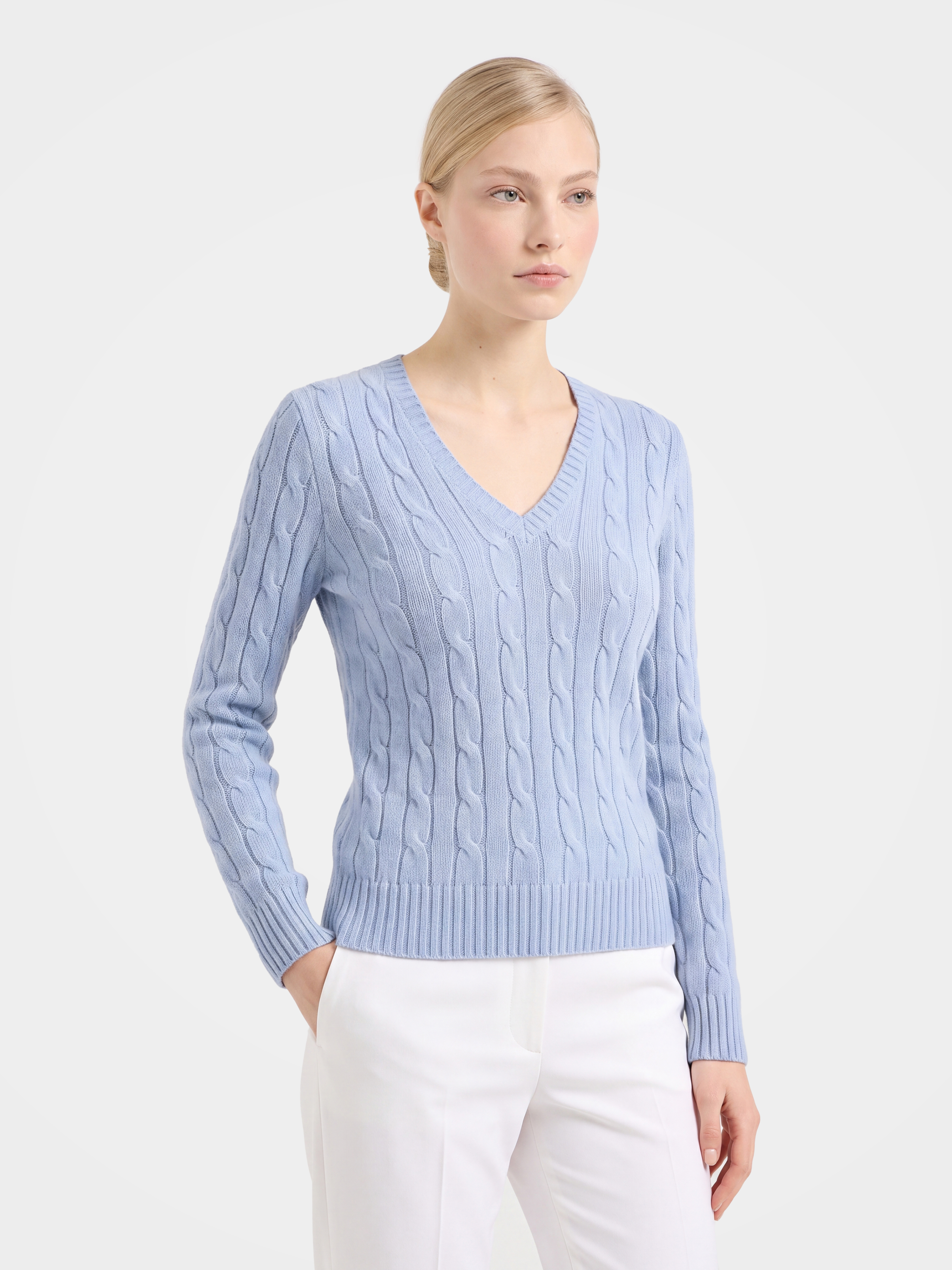 00% Mongolian Cashmere Classic Cable Knit V-Neck Sweater