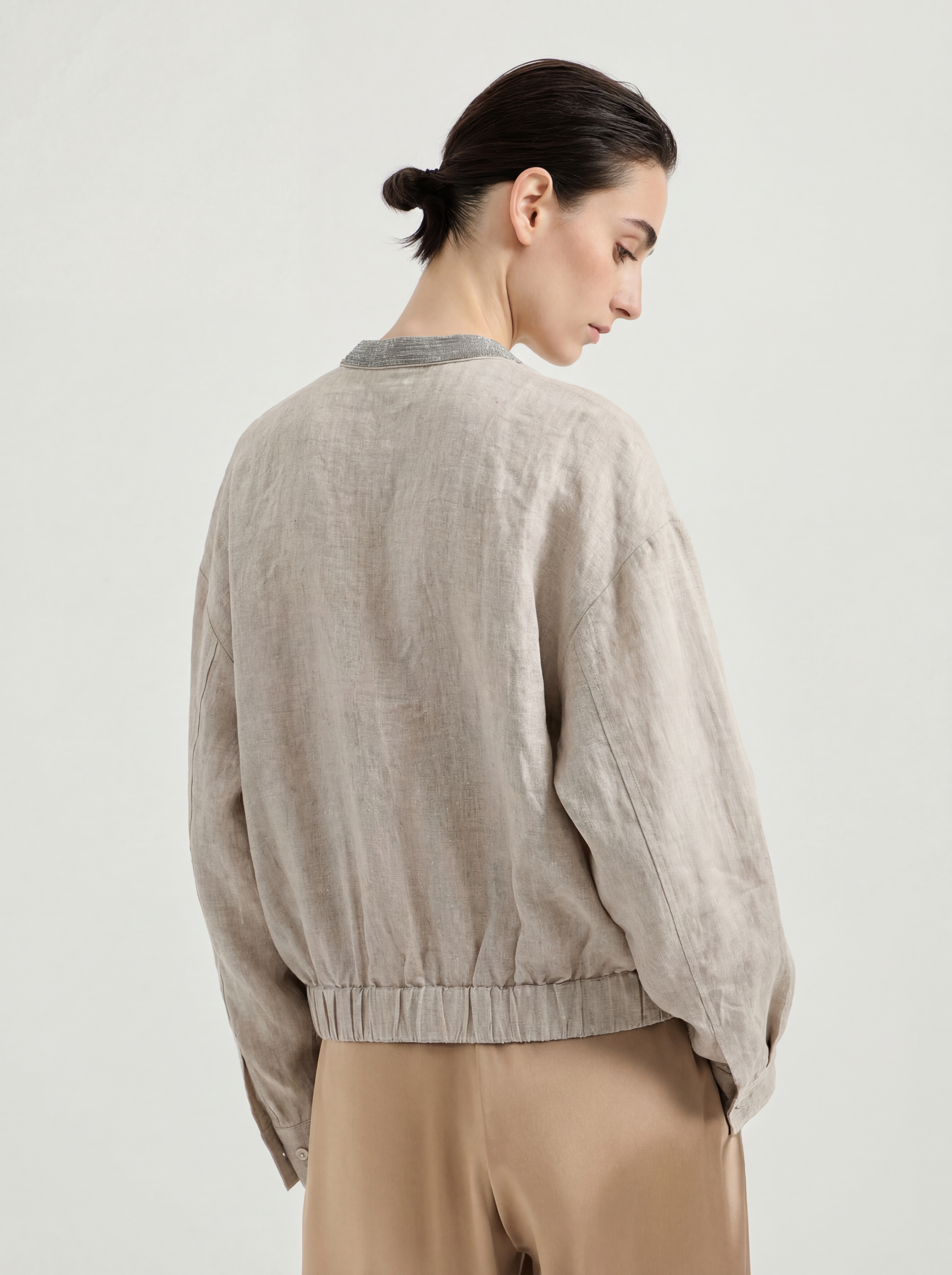 Khaki Linen Zip up Jacket