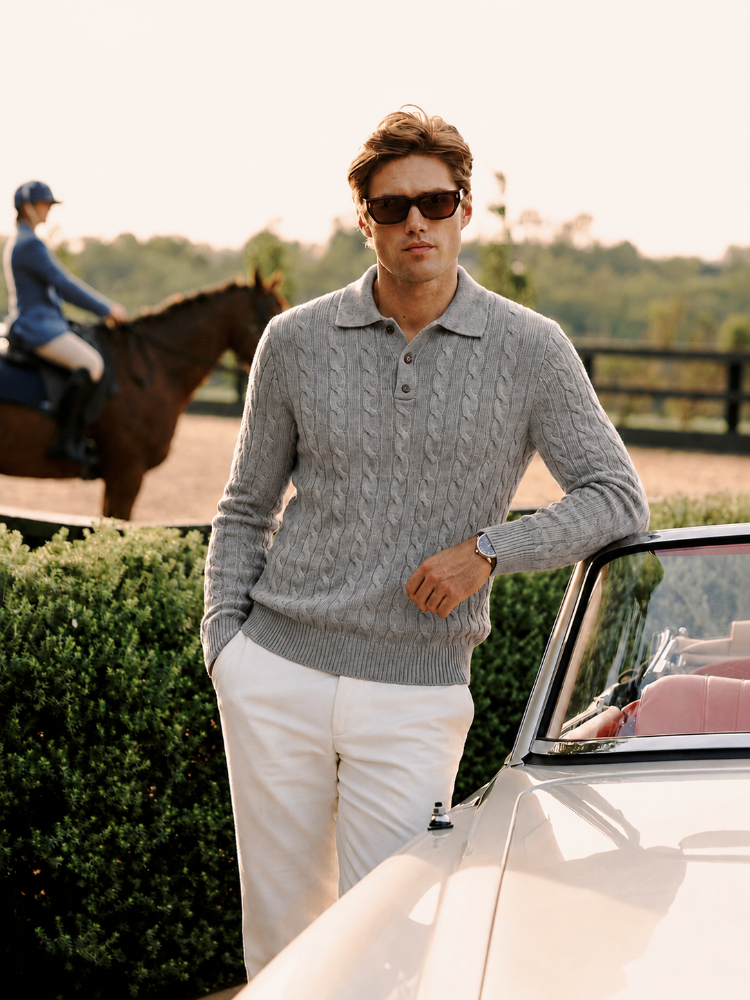 Men's 100% Cashmere Cable Knit Polo Collar Sweater