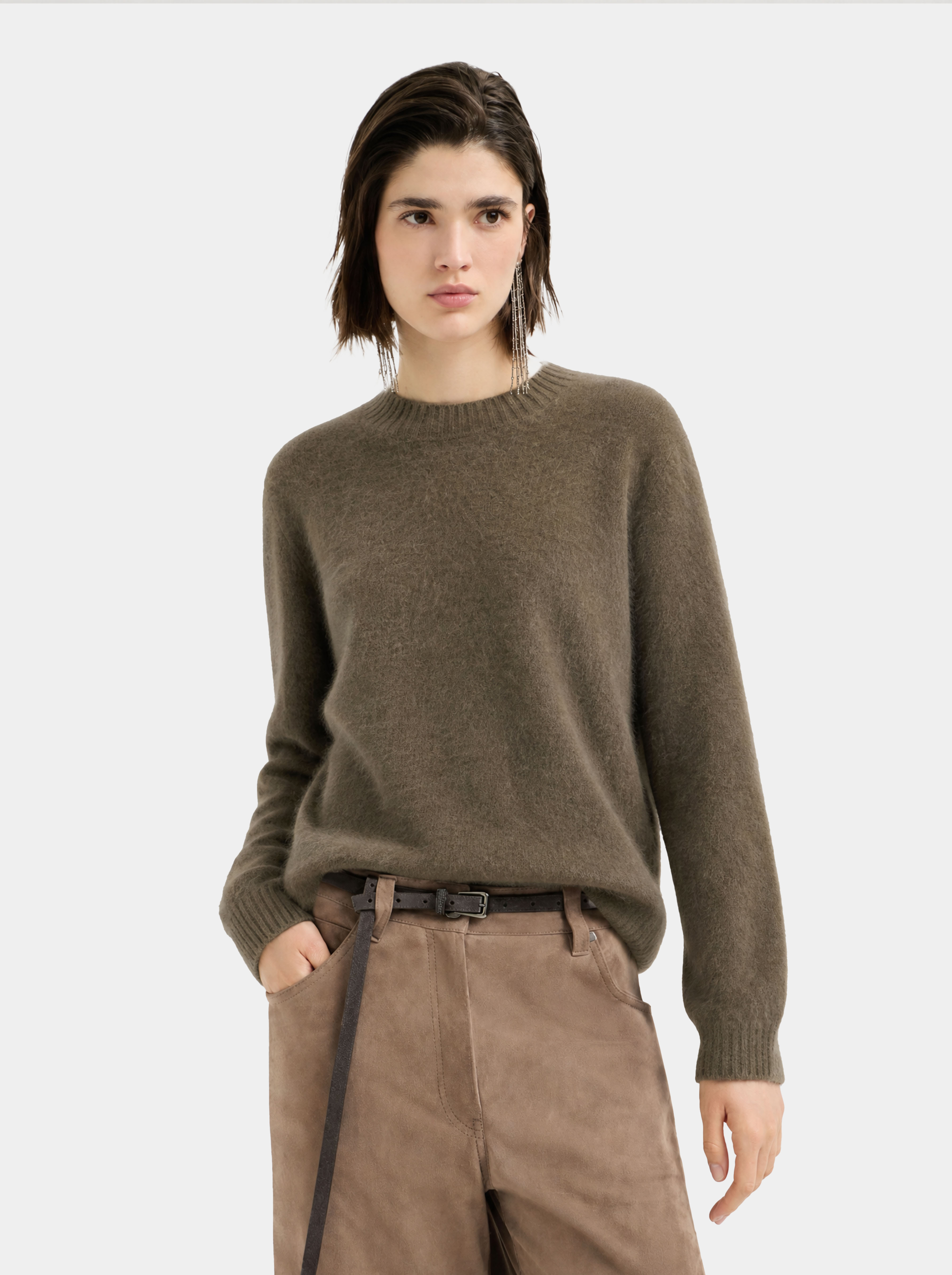 Wool Blend Brushed Crew Neck Long Sleeve Sweater