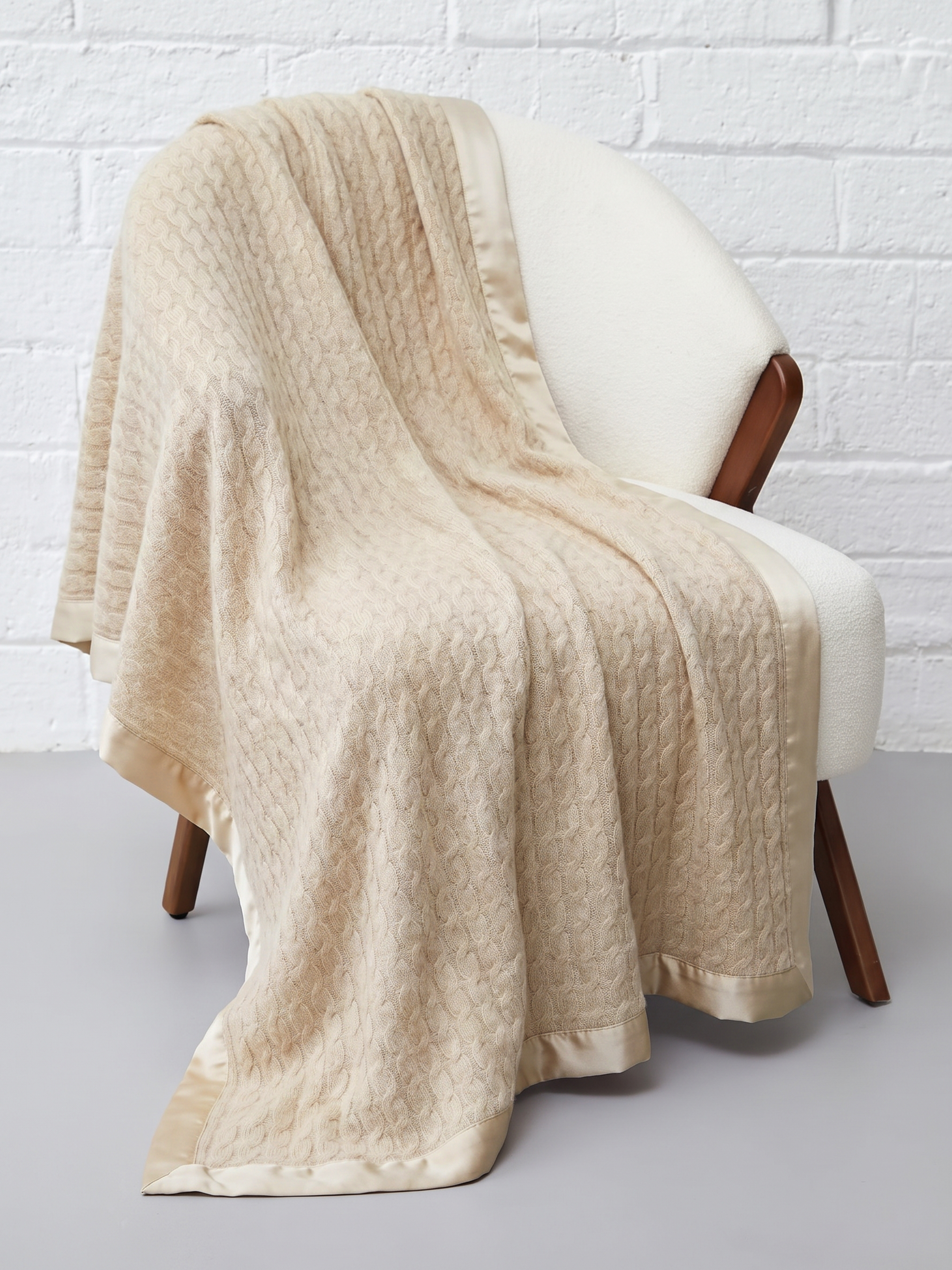 100% Cashmere Cable Knit Blanket with Satin Border