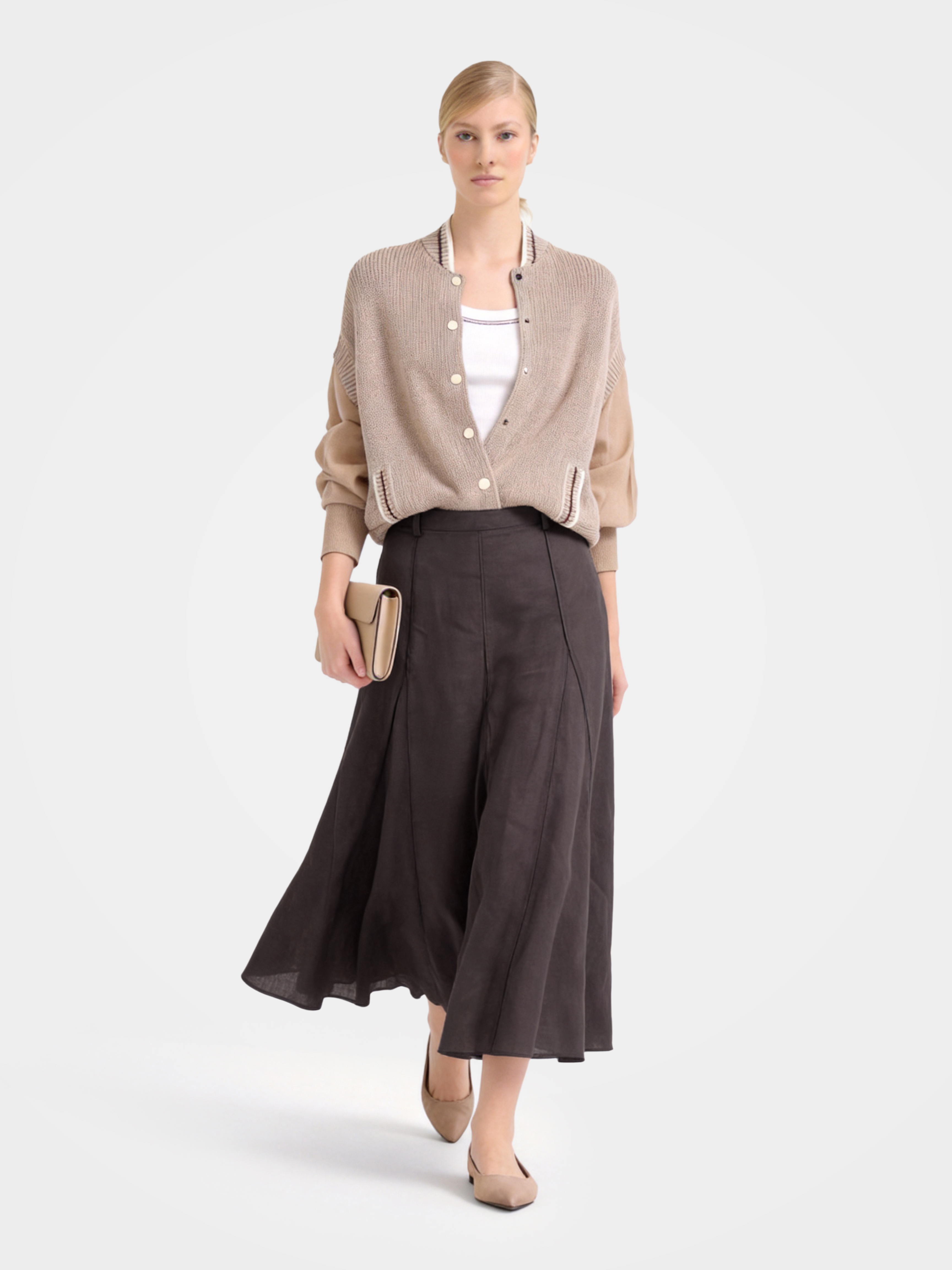 Brown Linen Classic Midi Skirt