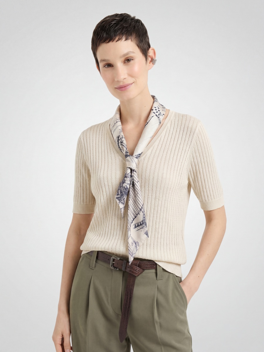 100% Cotton Short Sleeve Silk Scarf Knit Top