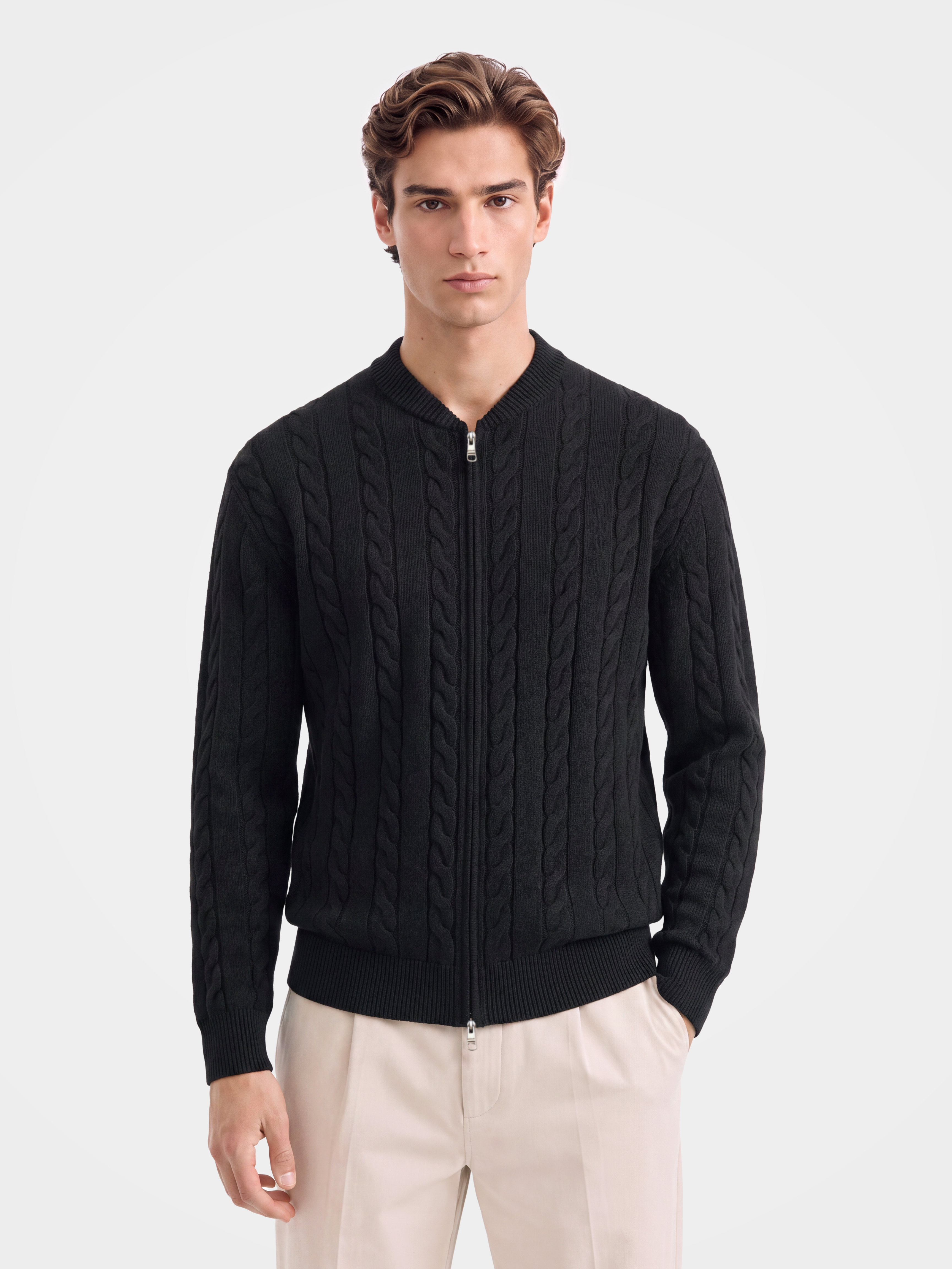 Men's 100% Cashmere Baseball Collar Zip Cable Knit Cardigan