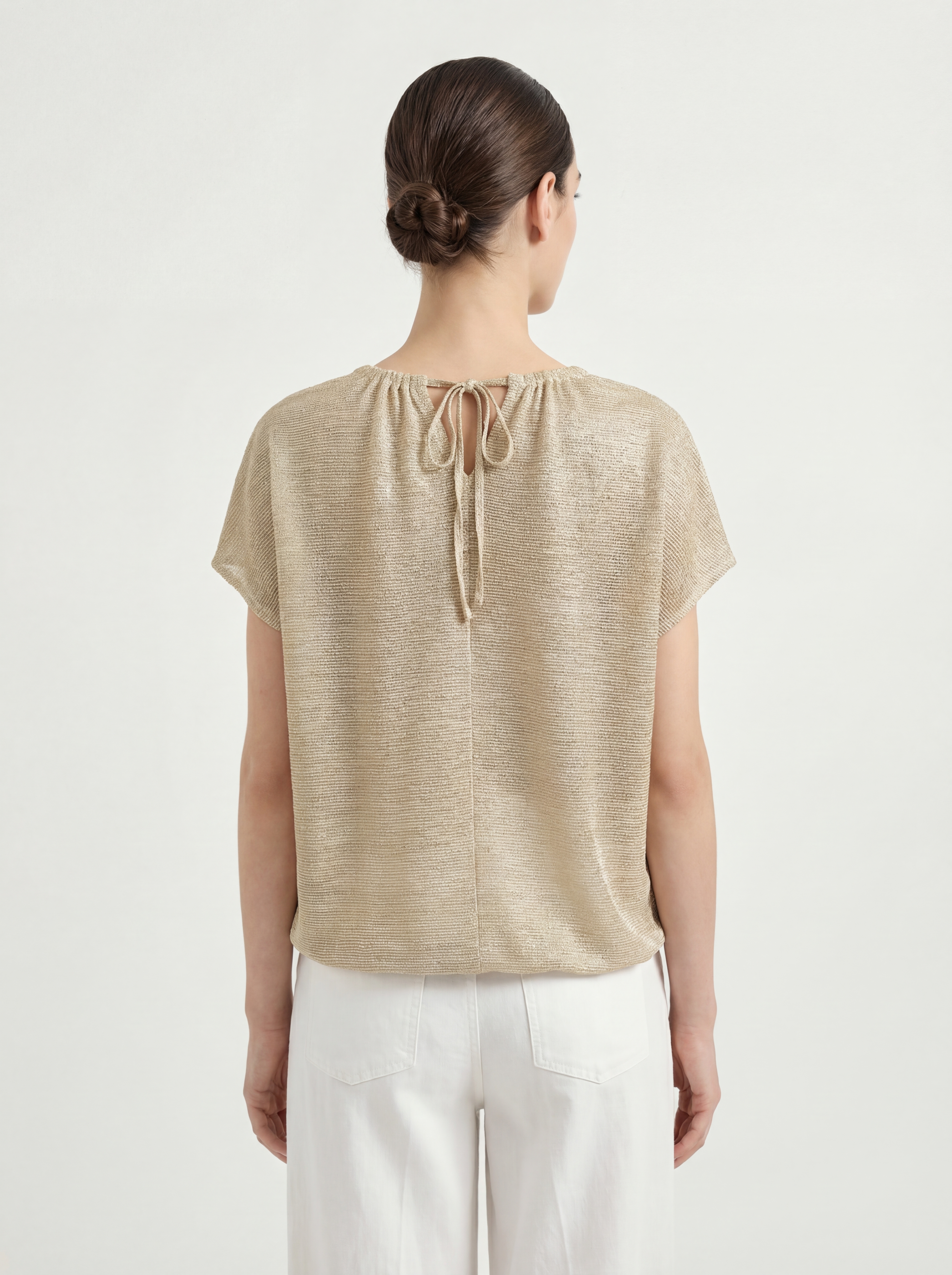 Beige Silk Drawstring Knit Sweater