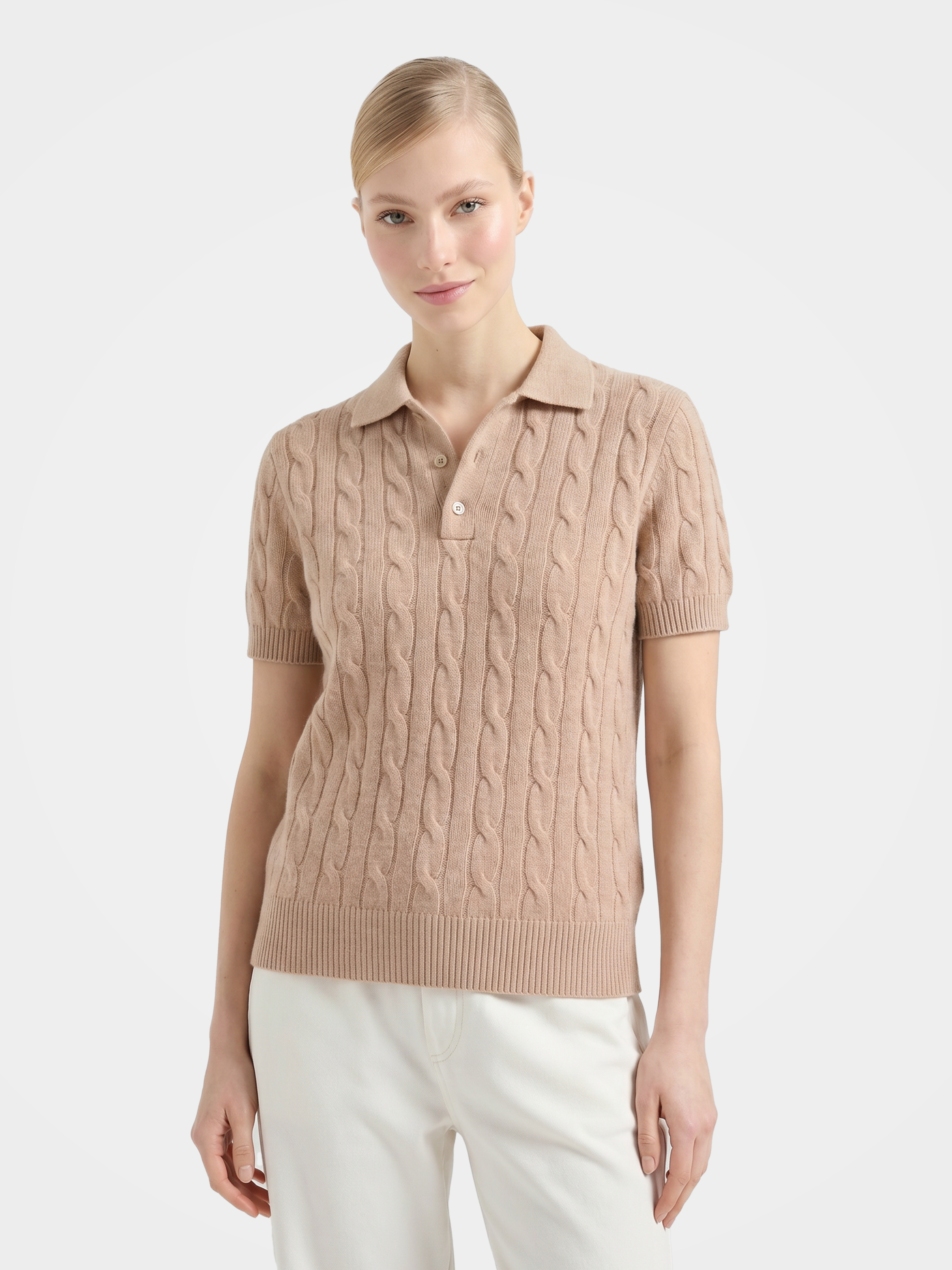 100% Mongolian Cashmere Cable Knit Short Sleeve Polo Sweater