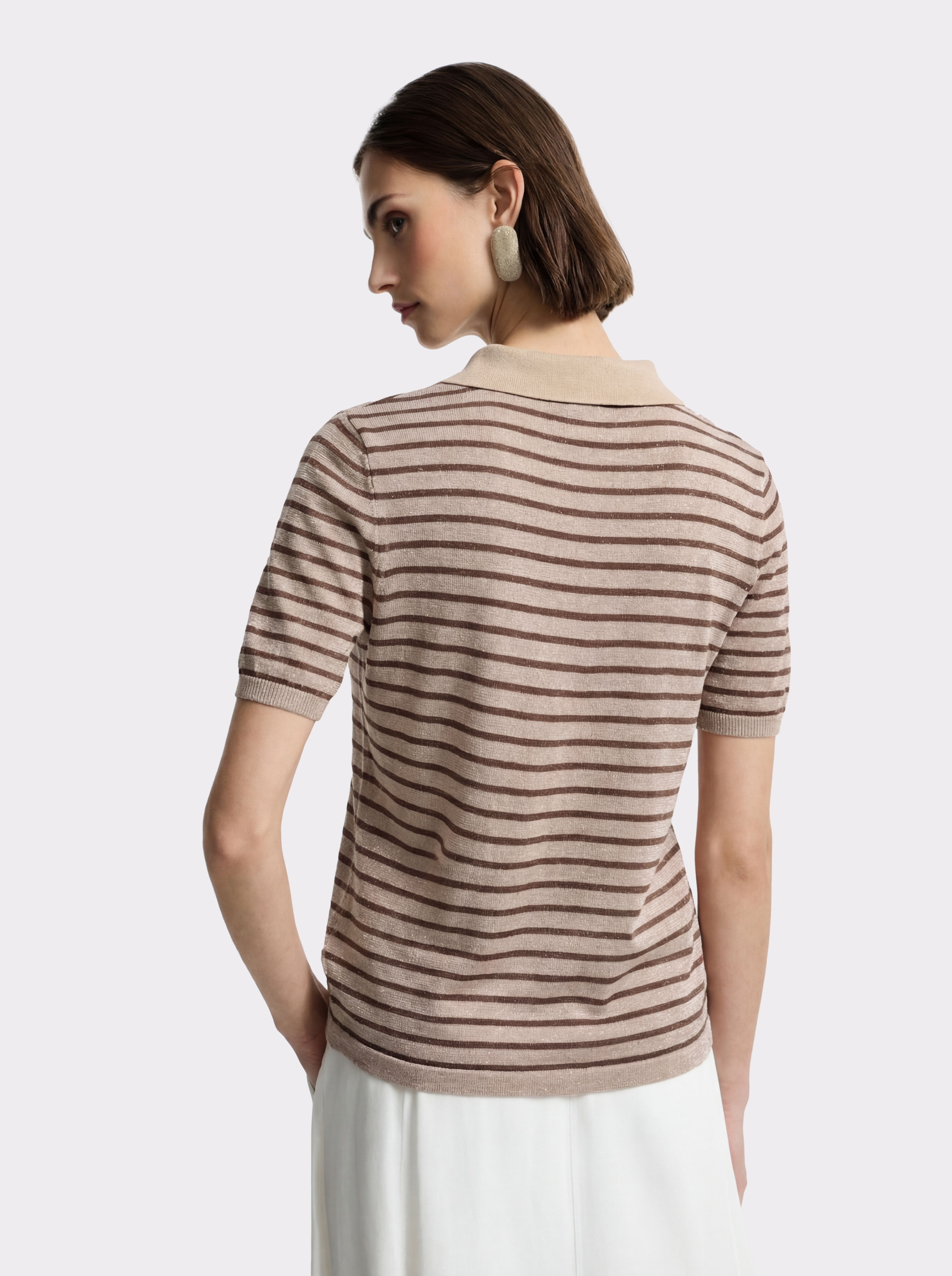 Khaki Tencel Stripe Zip up Knit Polo Sweater