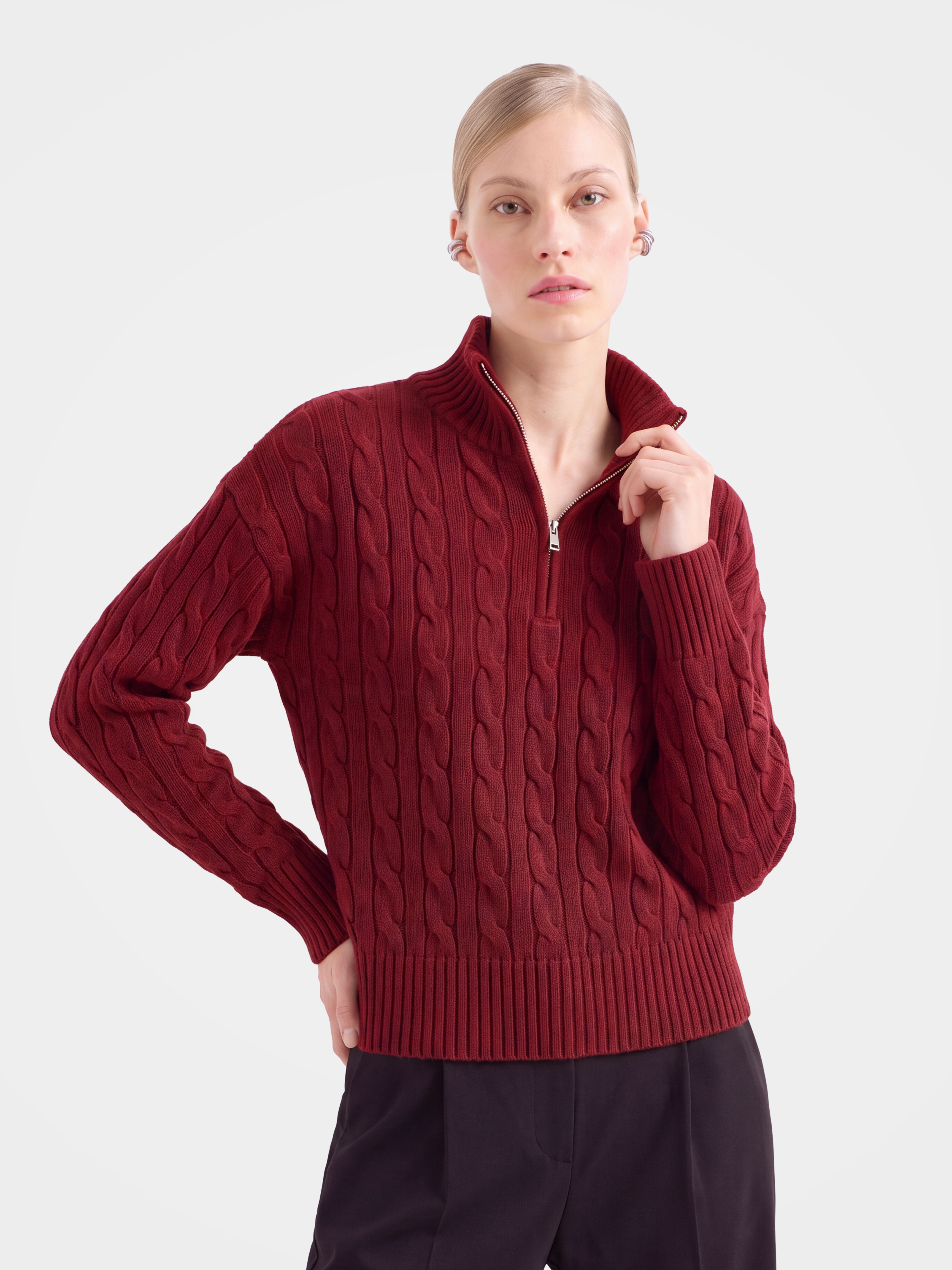 100% Mongolian Cashmere Cable Knit Half-Zip Polo Sweater