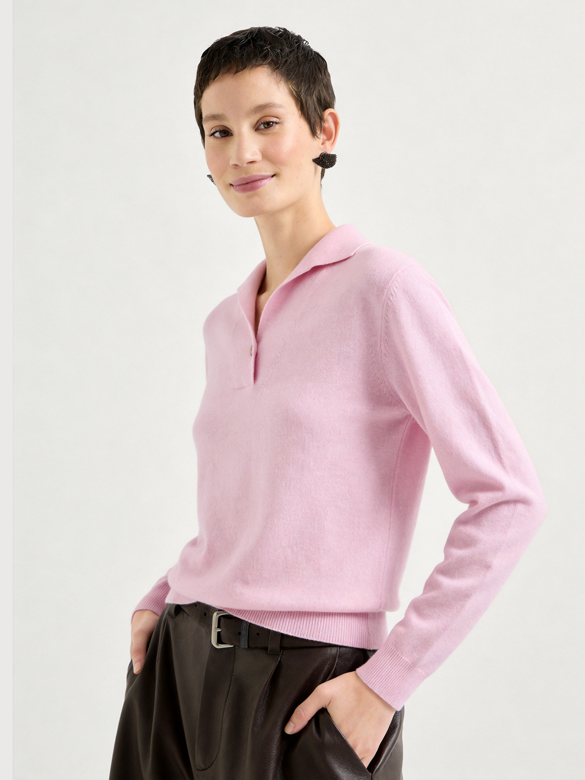 100% Cashmere Polo Collar Sweater Soft Knit Pullover