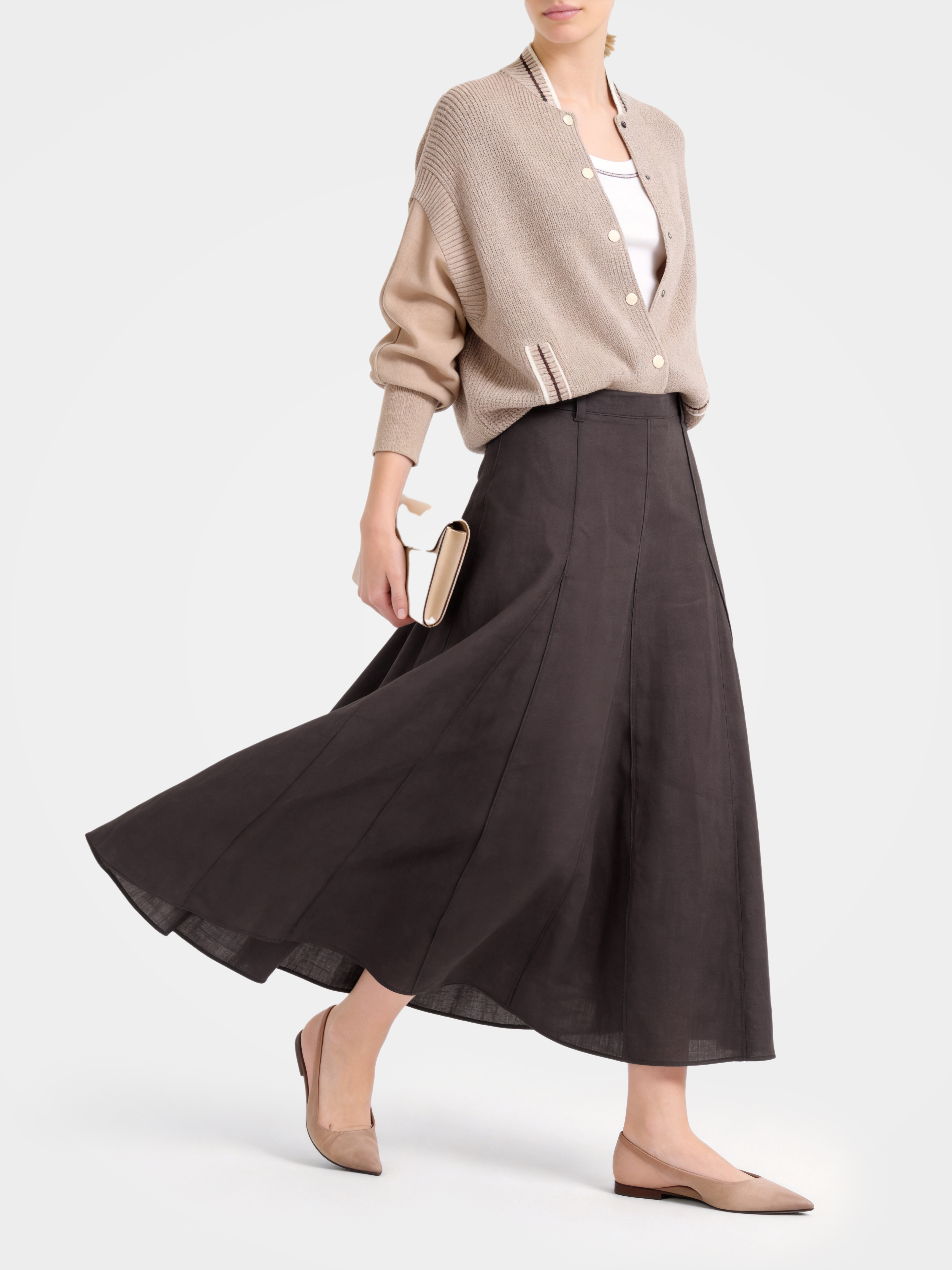 Brown Linen Classic Midi Skirt