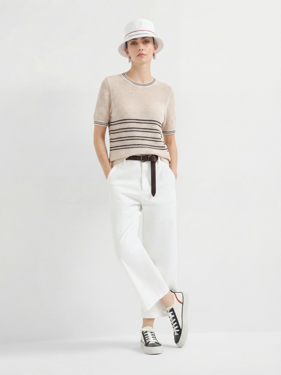 Cotton Short Sleeve Colorblock Openwork Knit Top