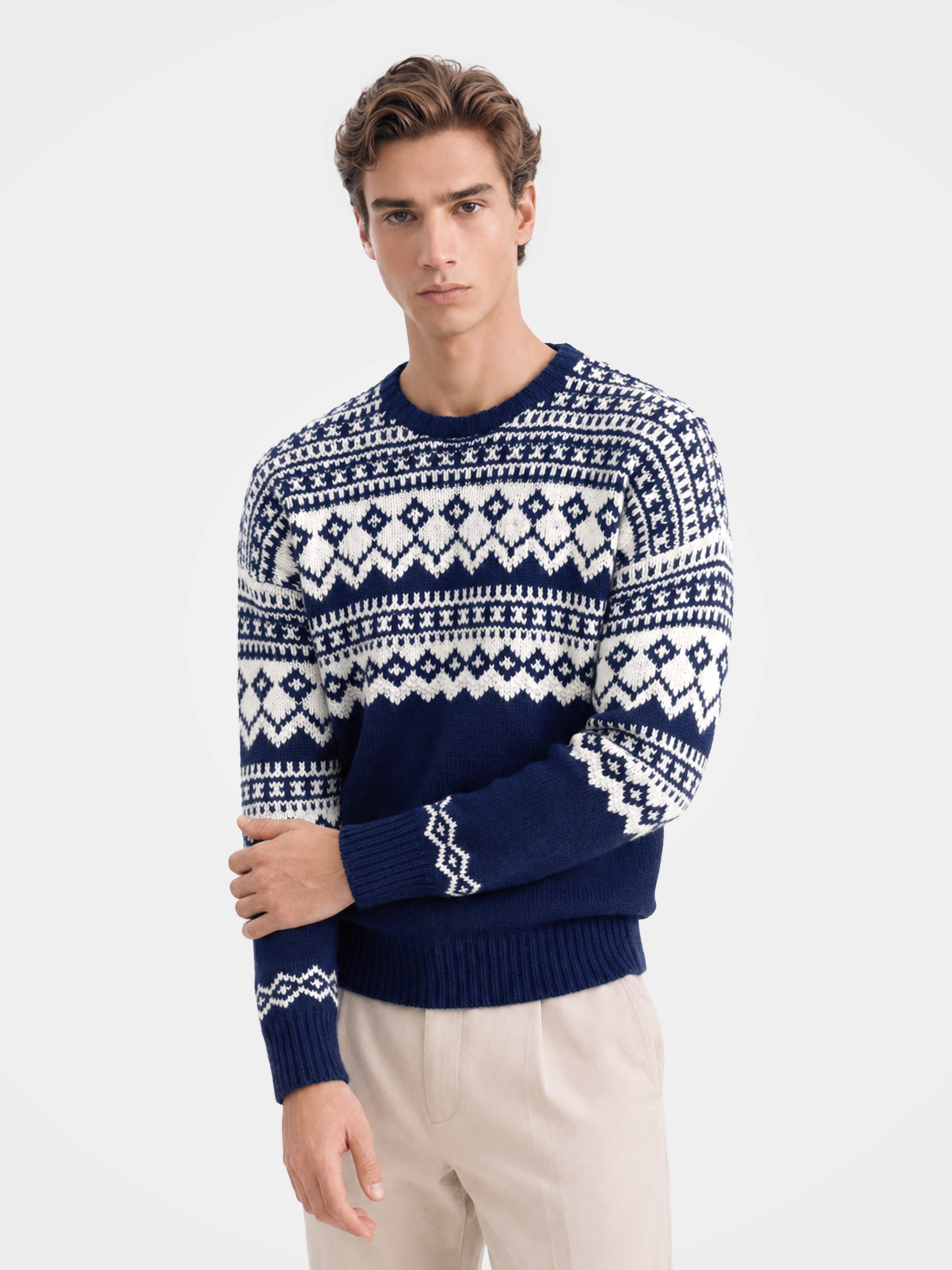 Men's 100% Cashmere Fair Isle Crew Neck Sweater - Soft Luxury Winter Pullover