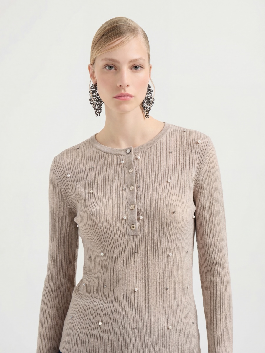 Wool Long Sleeve Beading Knit Sweater Top – Elegant Beaded Wool Pullover