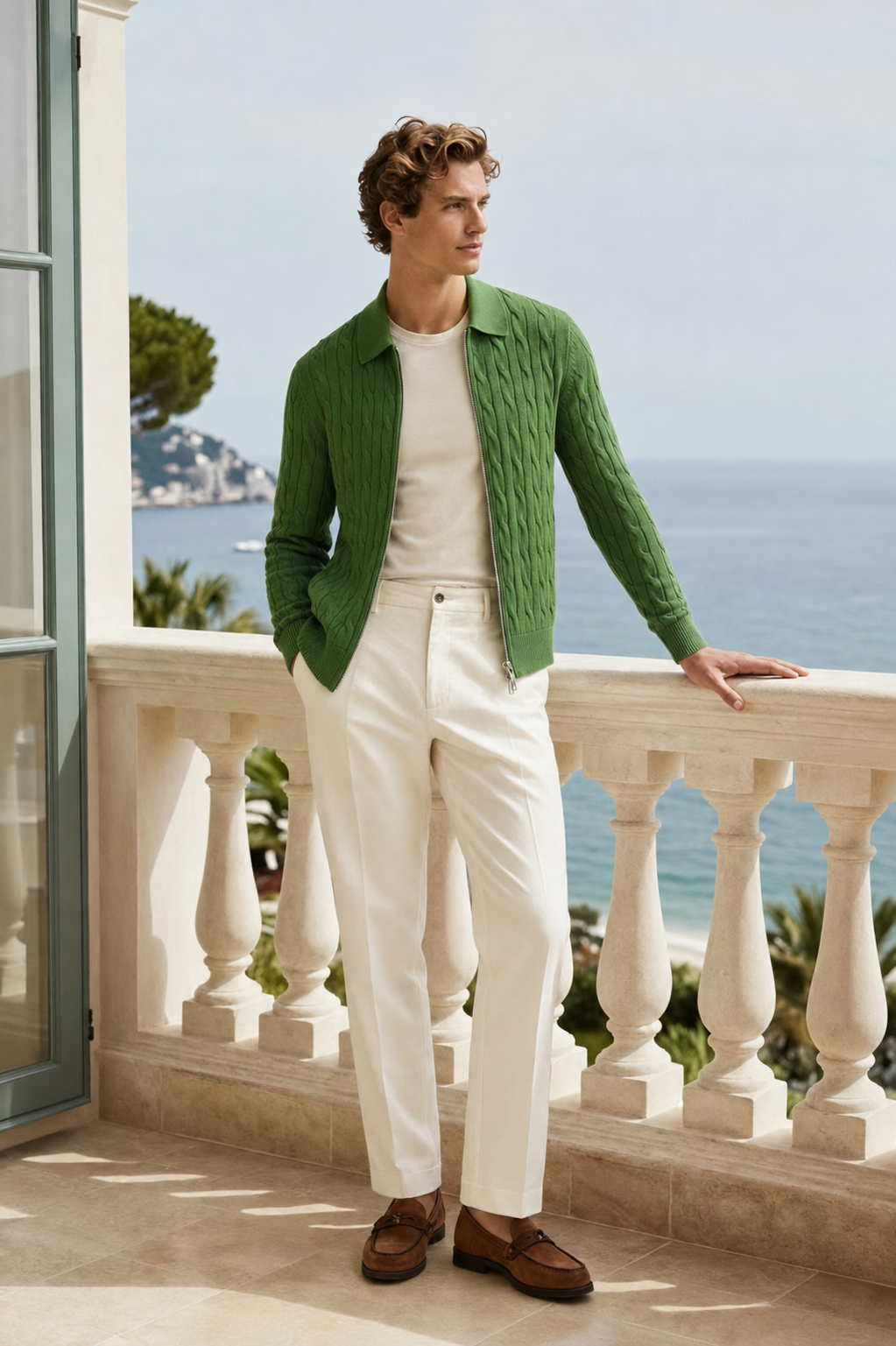Men's 100% Cashmere Collared Zip Cable Knit Cardigan